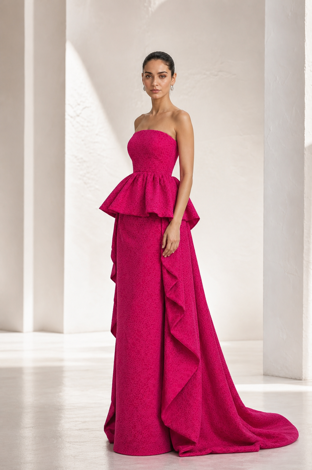 Fuchsia Brocade Peplum Gown