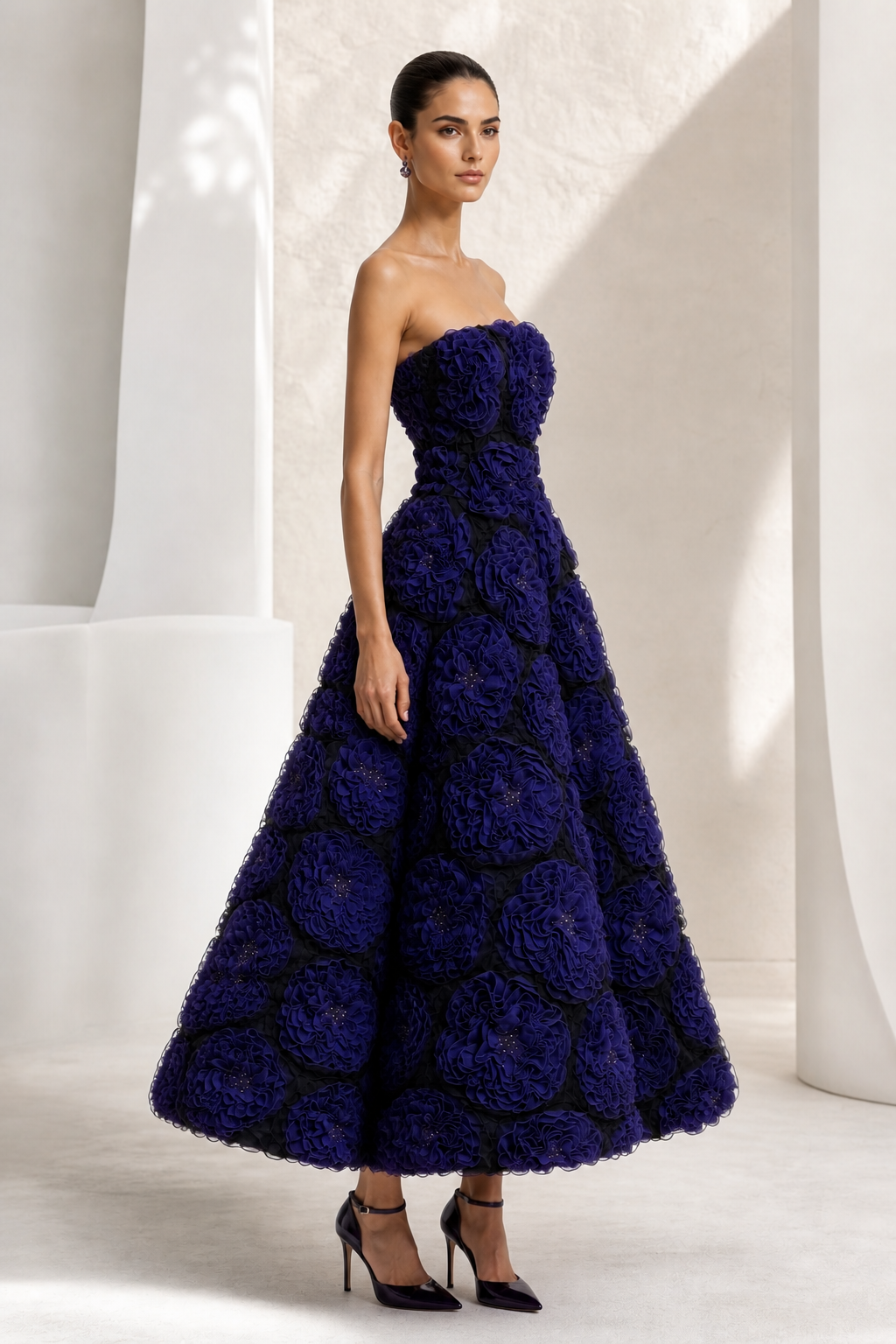 Indigo Rosette Tea-Length Gown