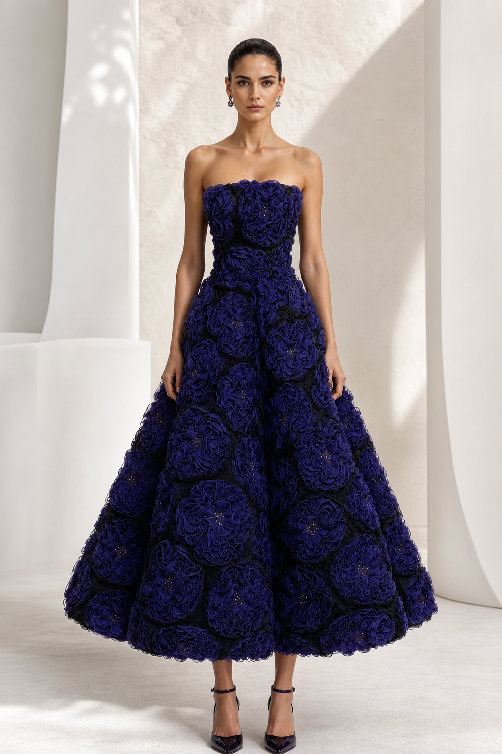 Indigo Rosette Tea-Length Gown