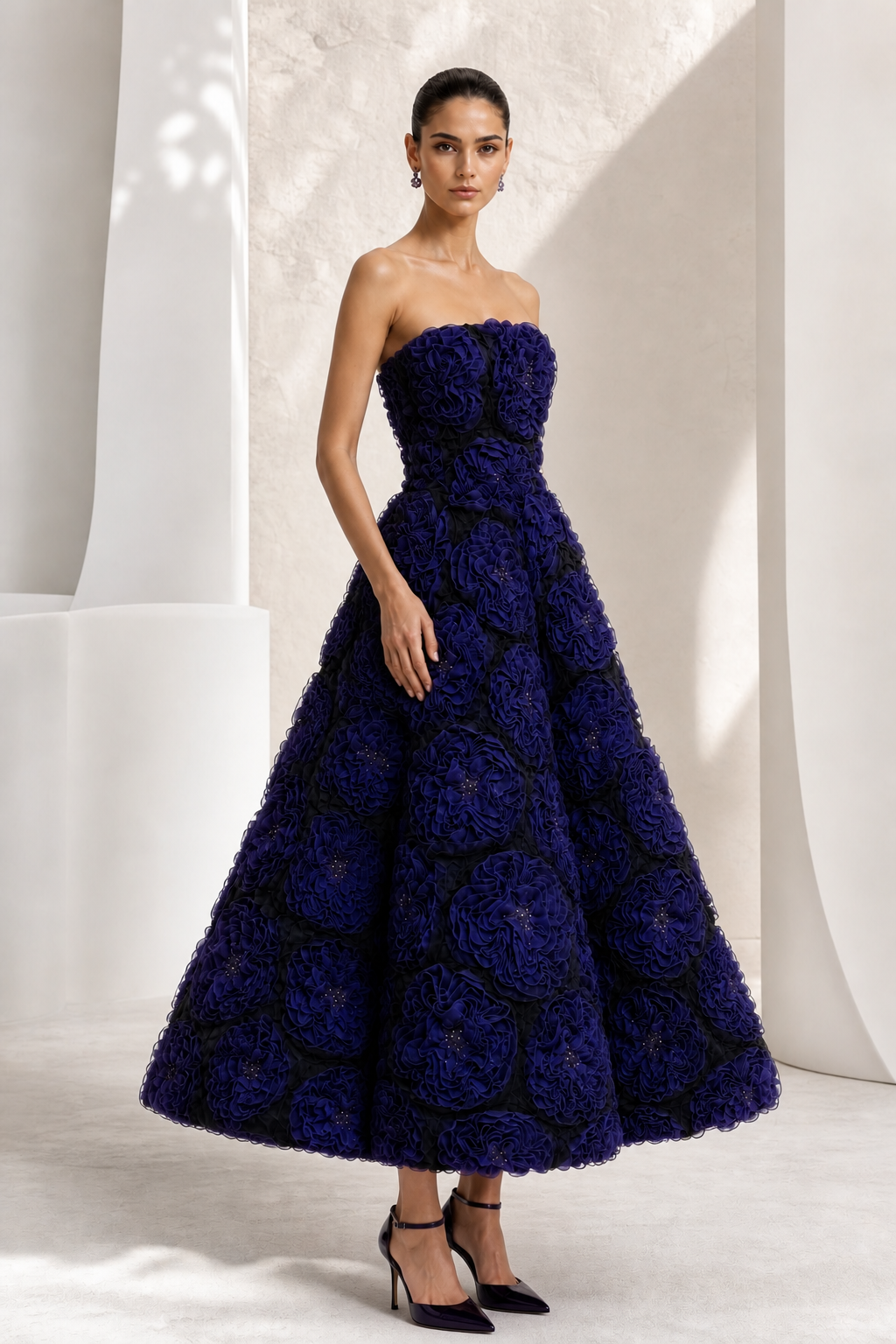Indigo Rosette Tea-Length Gown