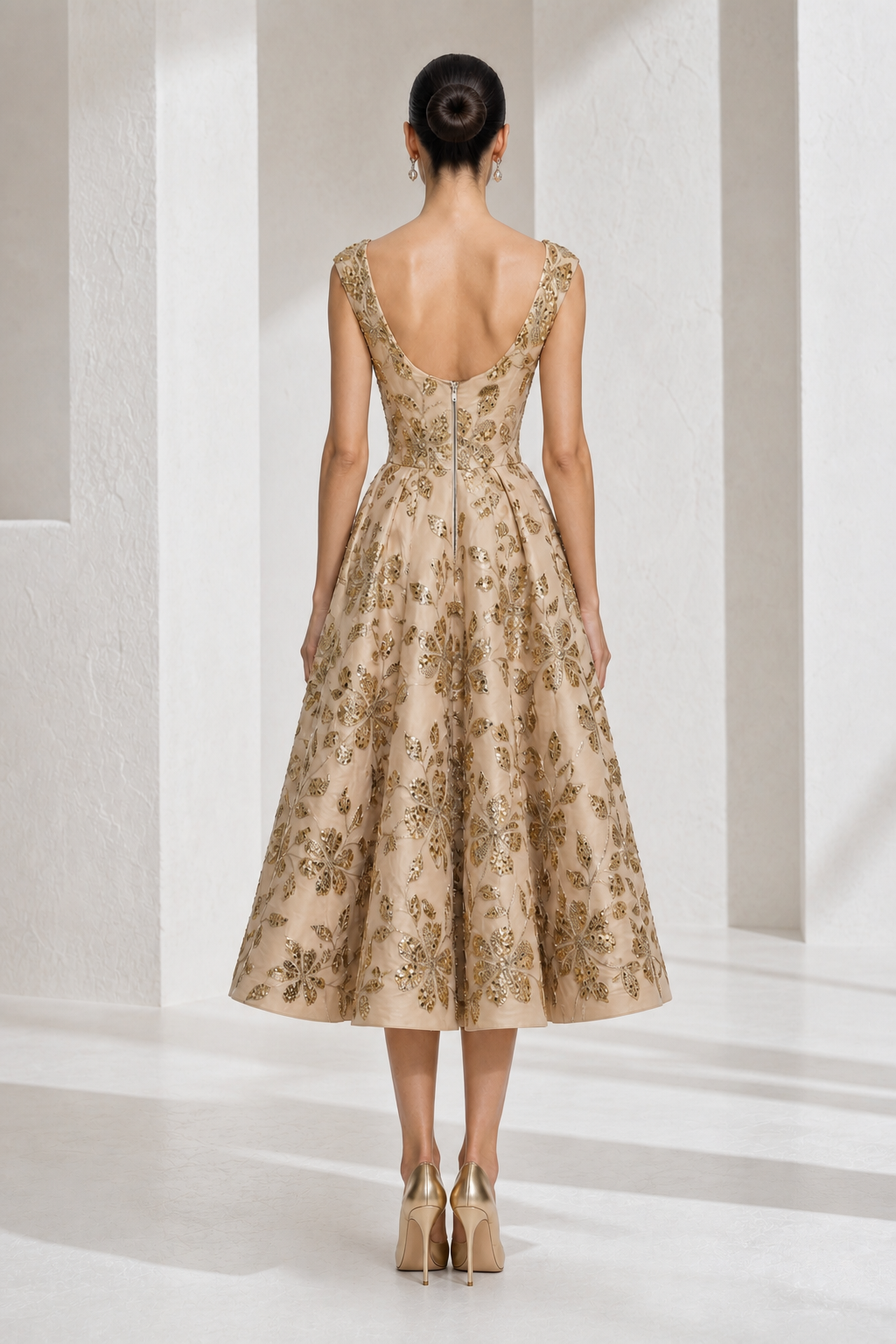Gold Floral Sequin Tea Dress