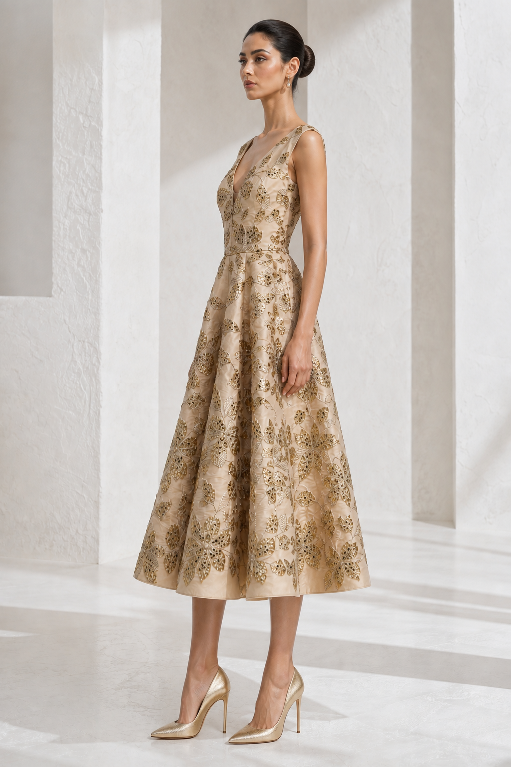 Gold Floral Sequin Tea Dress