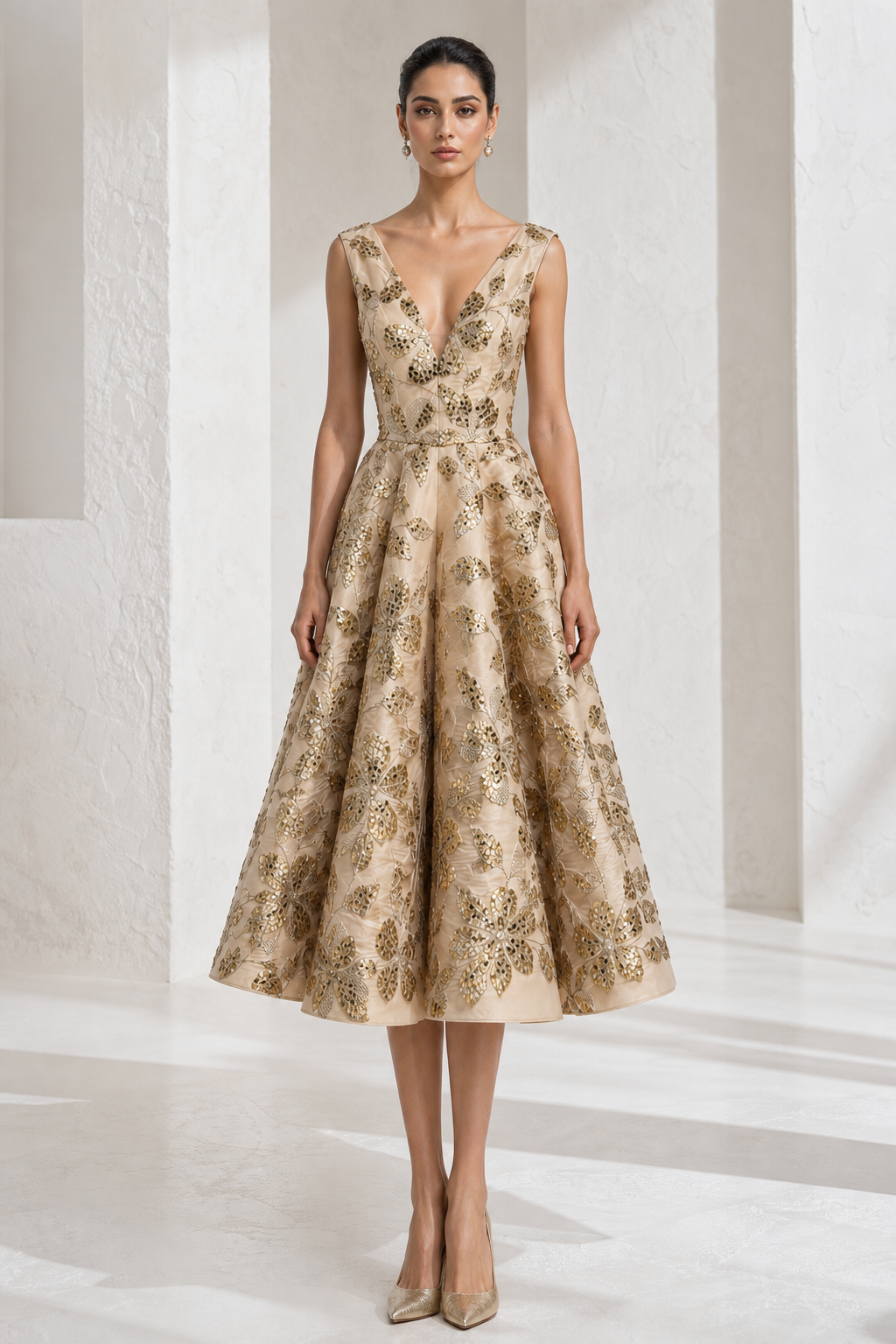Gold Floral Sequin Tea Dress