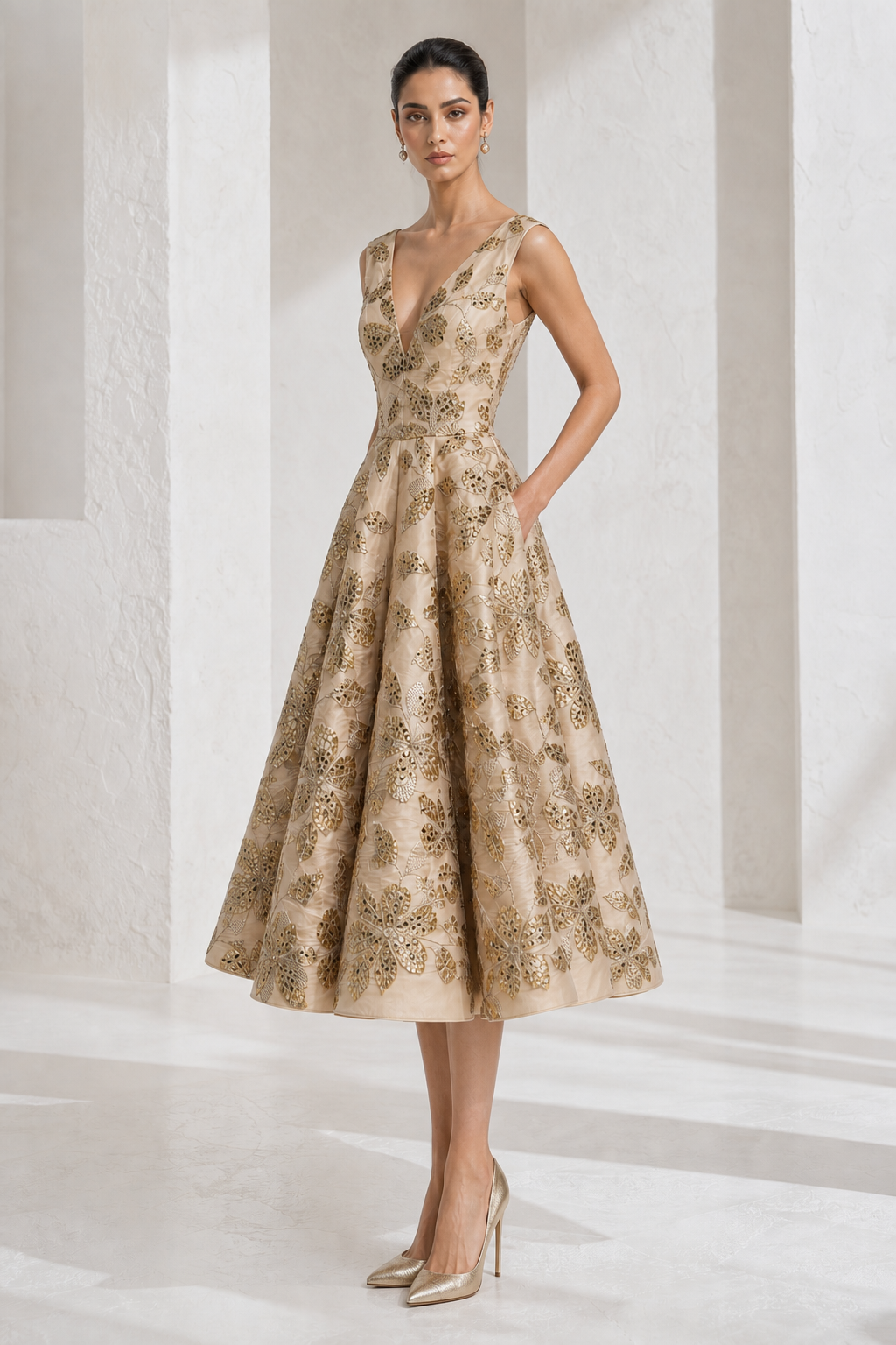 Gold Floral Sequin Tea Dress