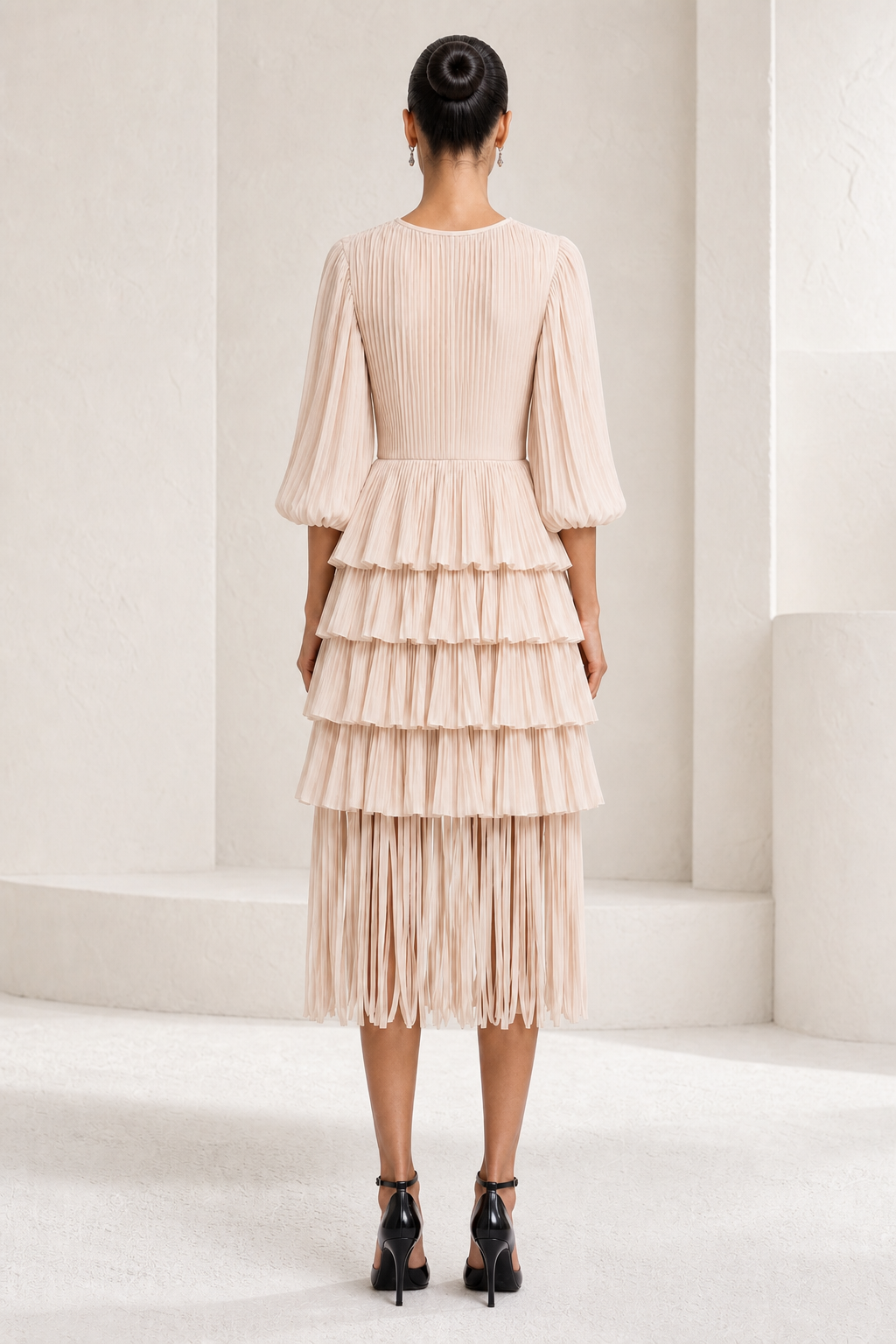 Blush Pleated Tiered Midi Dress