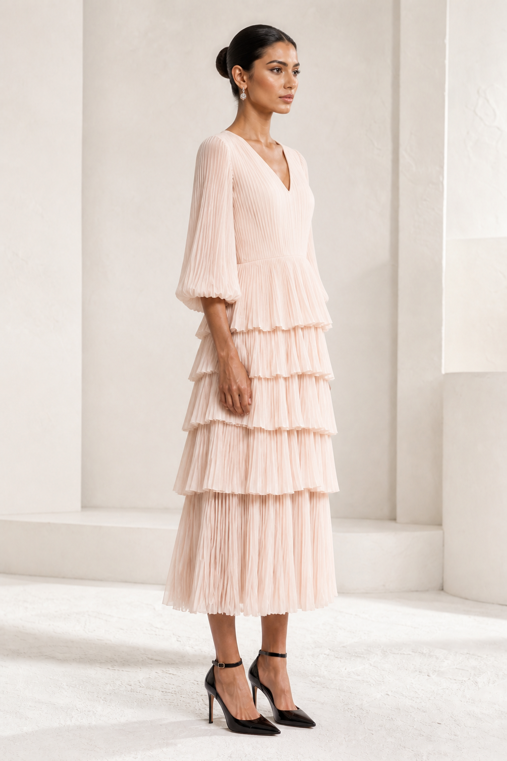 Blush Pleated Tiered Midi Dress