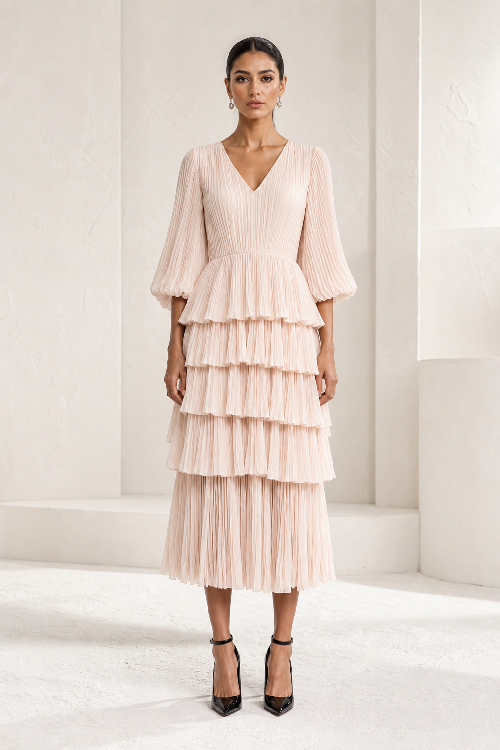 Blush Pleated Tiered Midi Dress