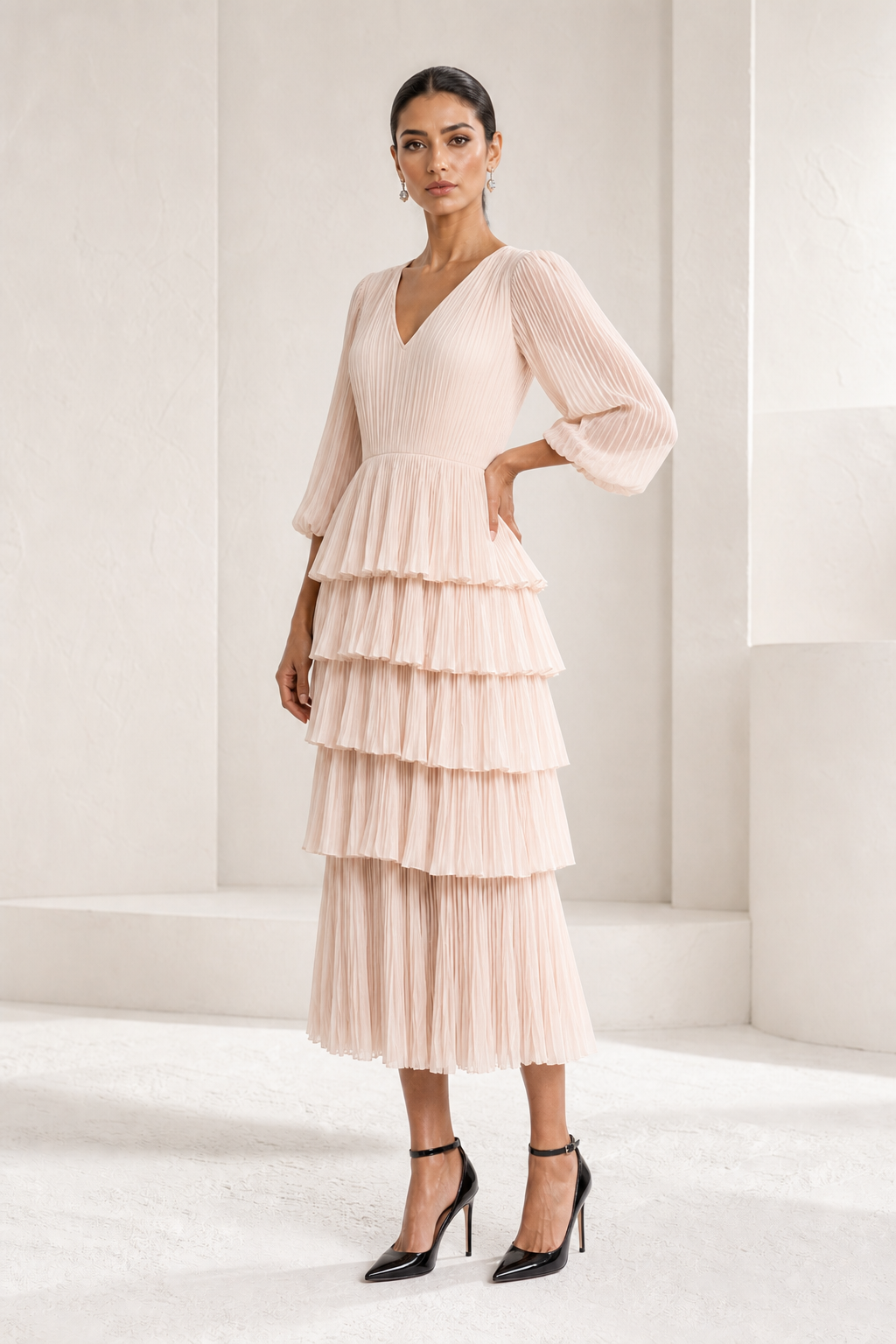 Blush Pleated Tiered Midi Dress