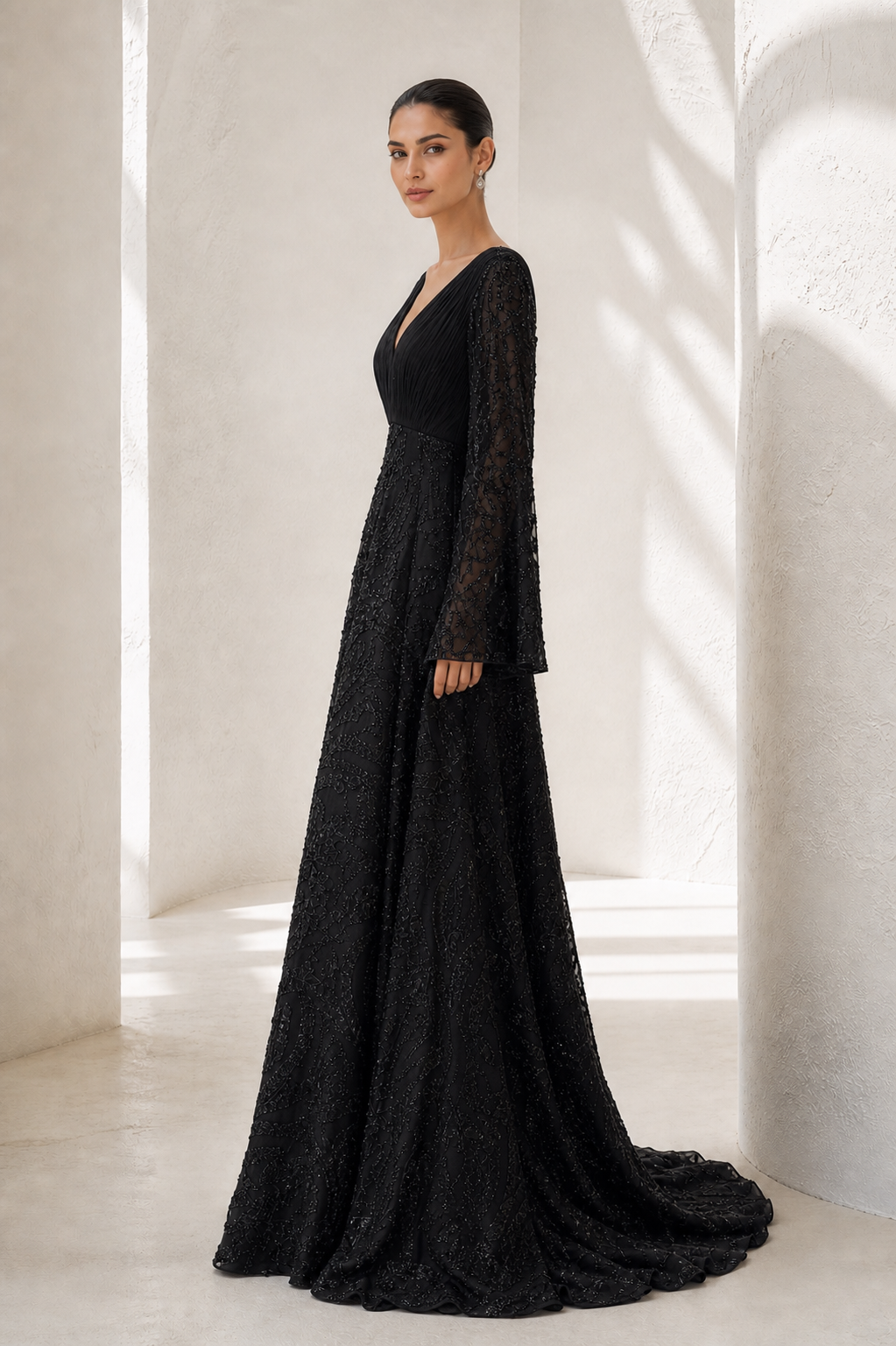 Black Beaded Bell-Sleeve Gown