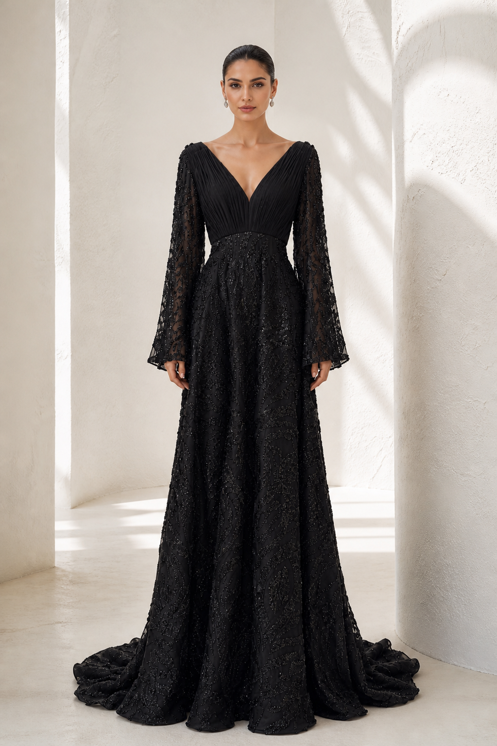 Black Beaded Bell-Sleeve Gown