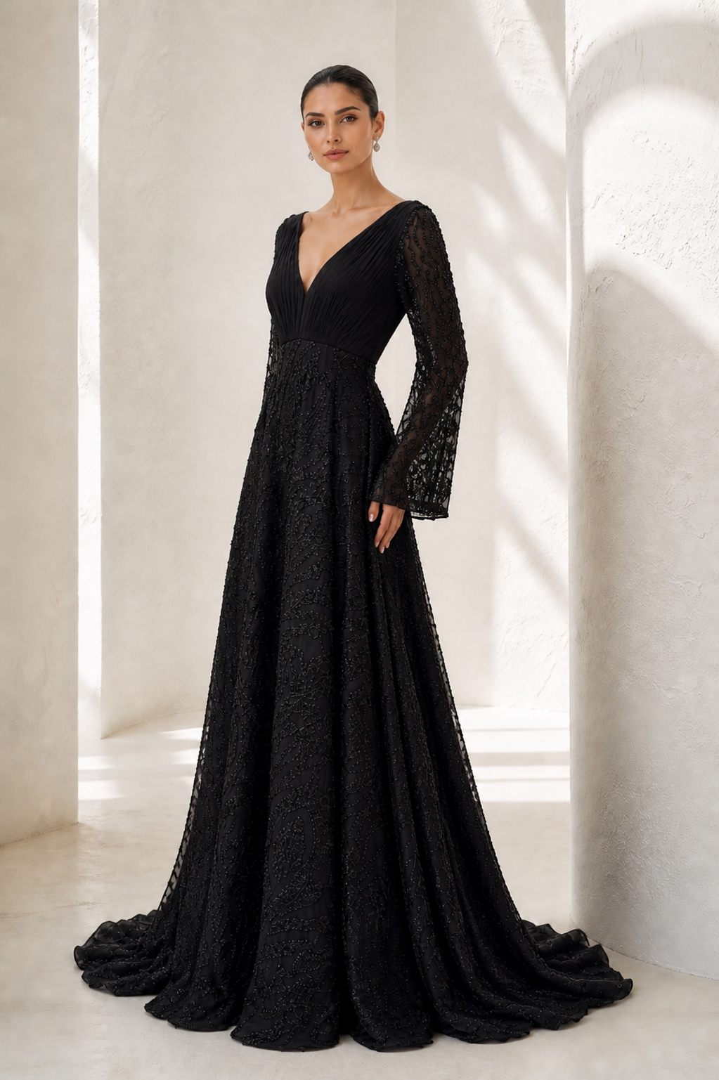 Black Beaded Bell-Sleeve Gown