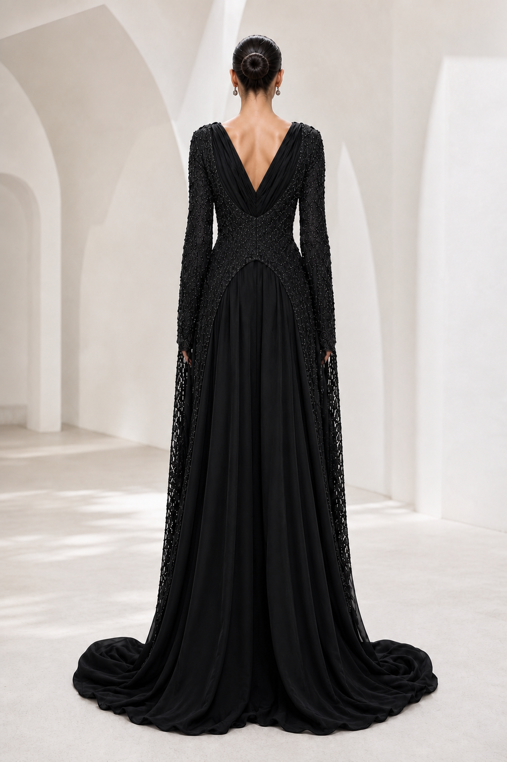 Black Beaded Cape-Panel Gown