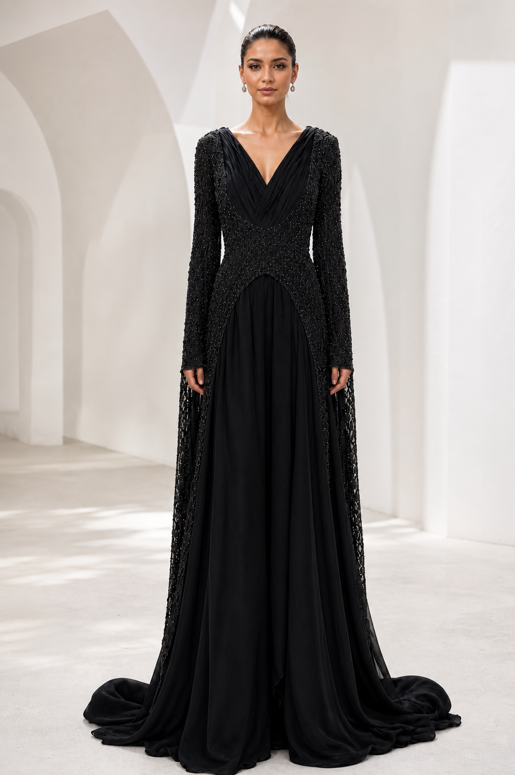 Black Beaded Cape-Panel Gown