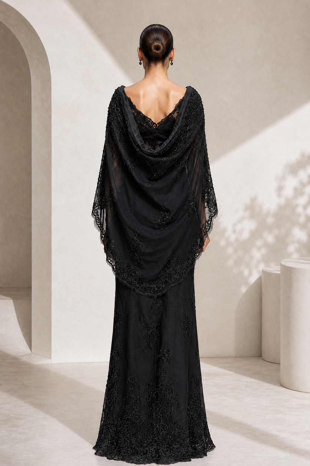 Black Lace Off-Shoulder Cape Gown