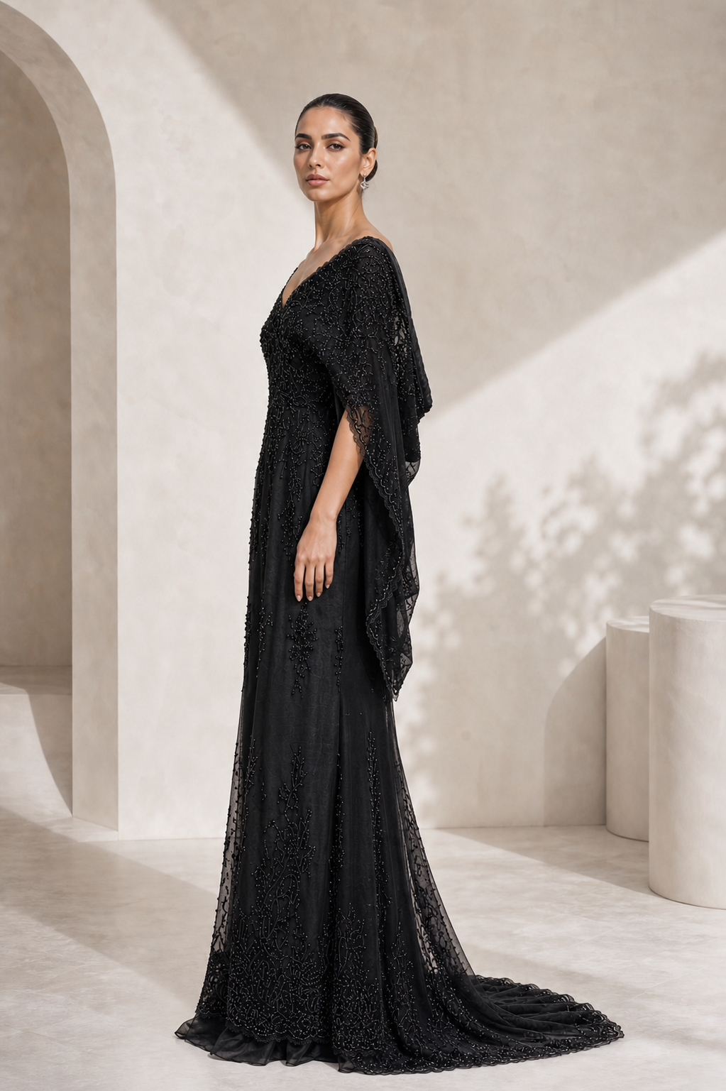 Black Lace Off-Shoulder Cape Gown