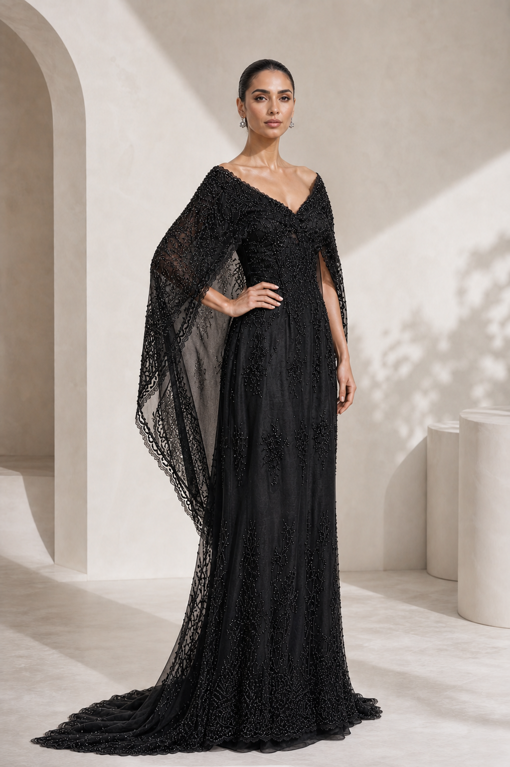 Black Lace Off-Shoulder Cape Gown