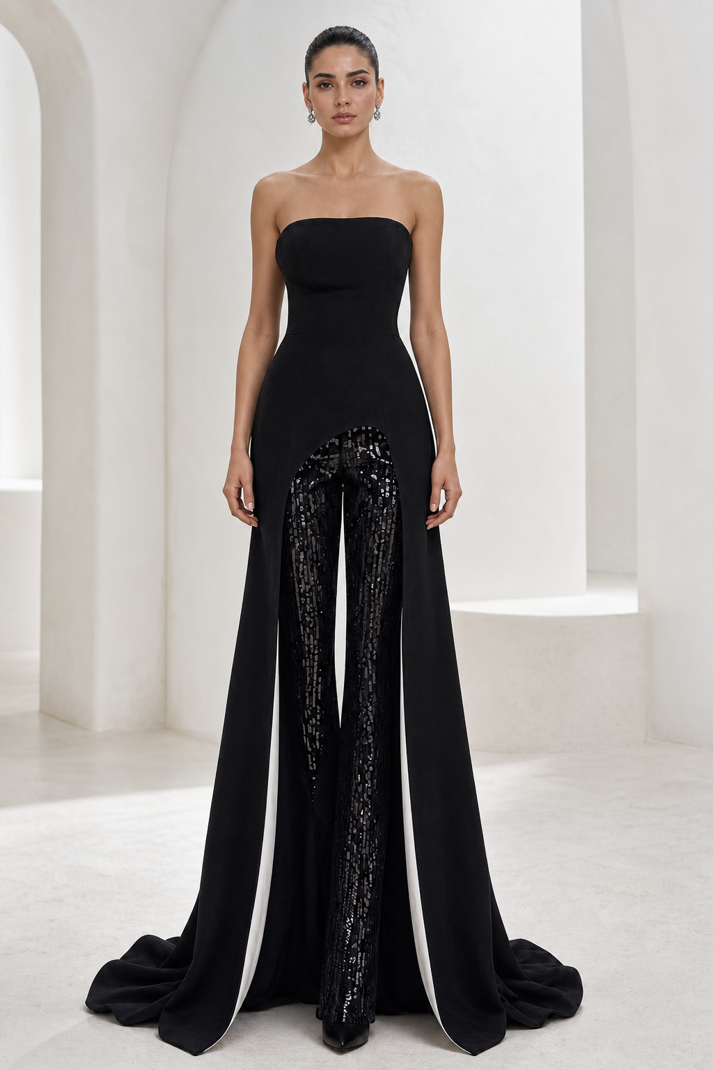 Black Overskirt Gown & Sequin Trousers