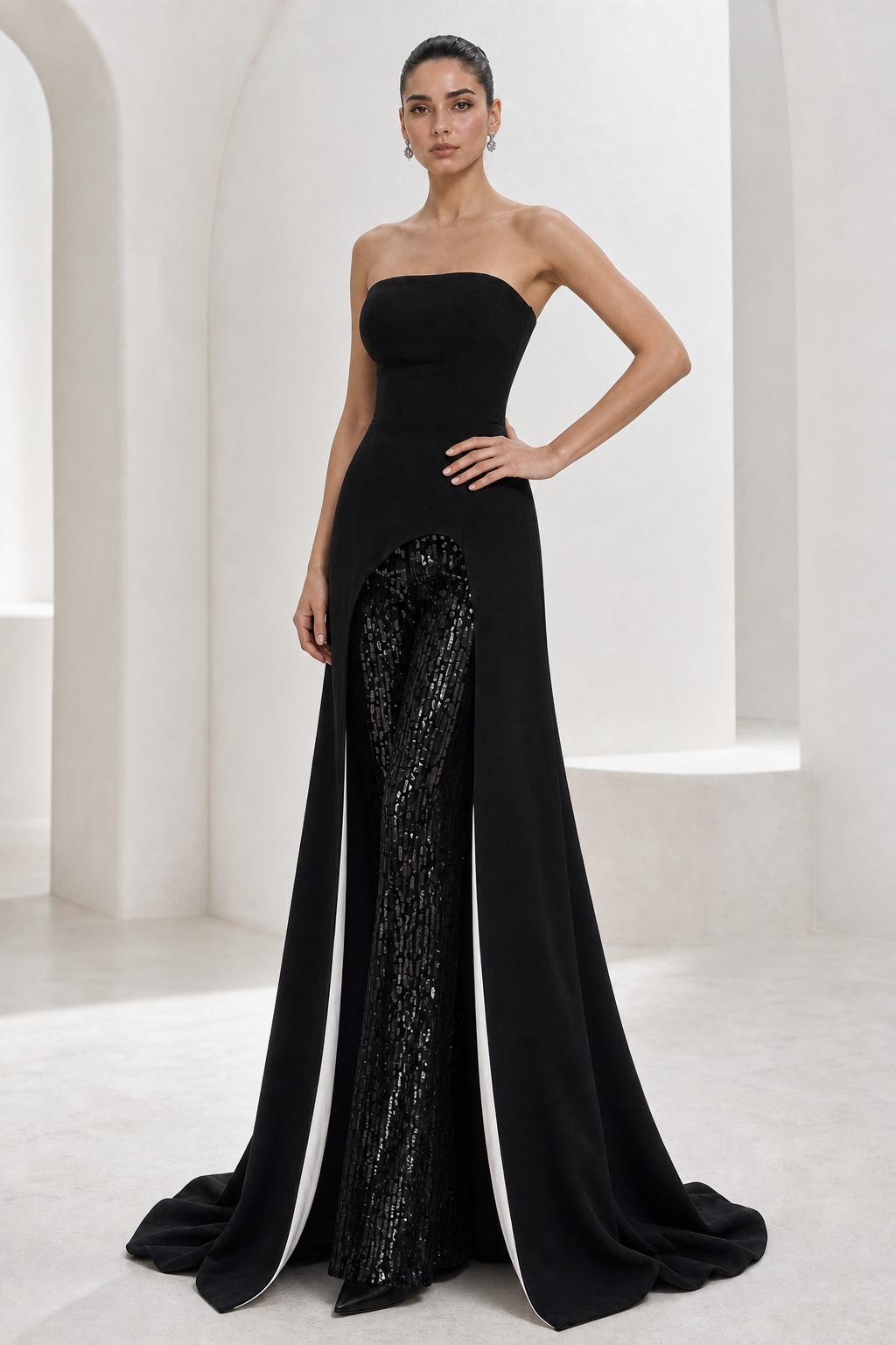 Black Overskirt Gown & Sequin Trousers