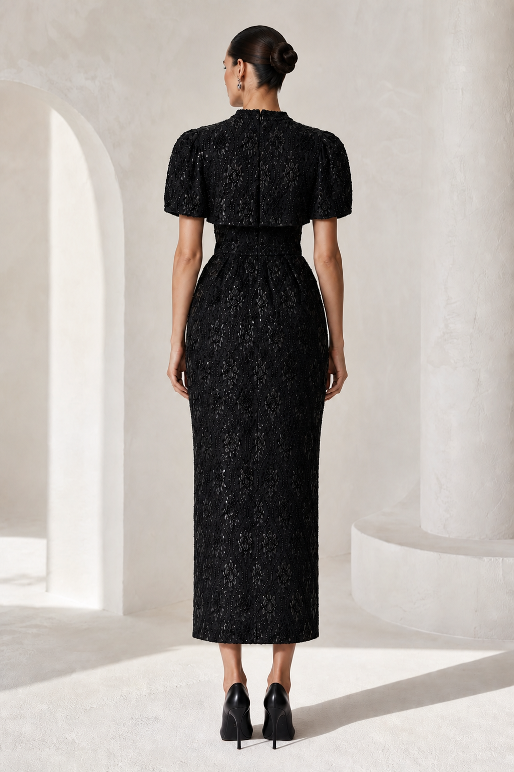 Black Sequin Lace Column Dress
