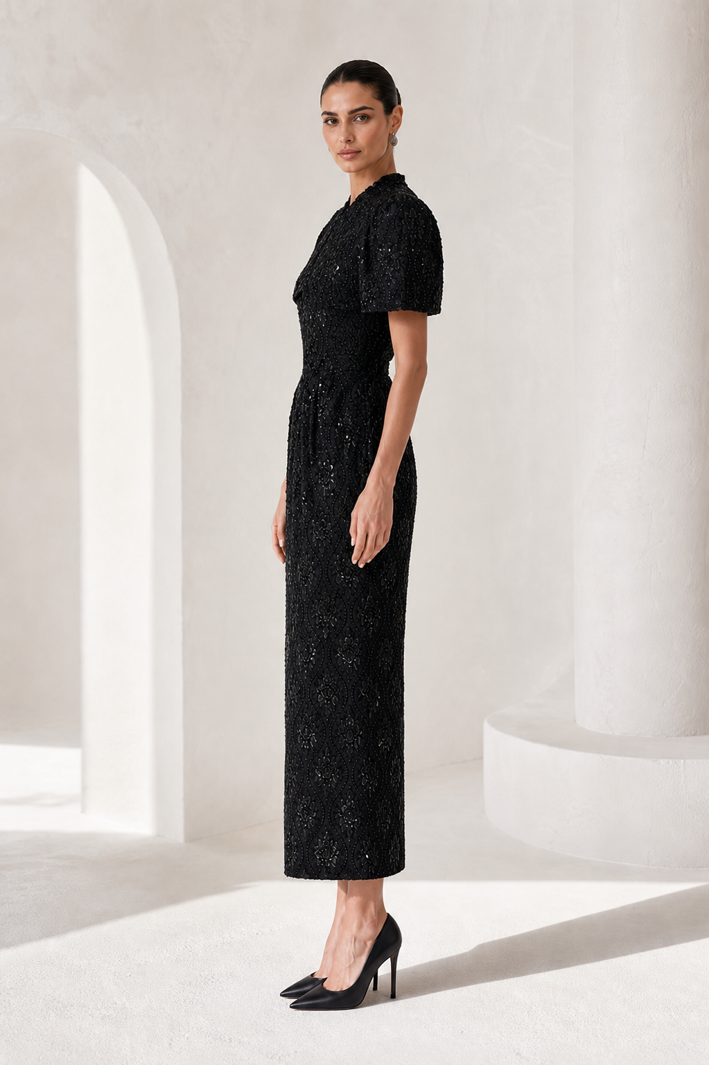 Black Sequin Lace Column Dress
