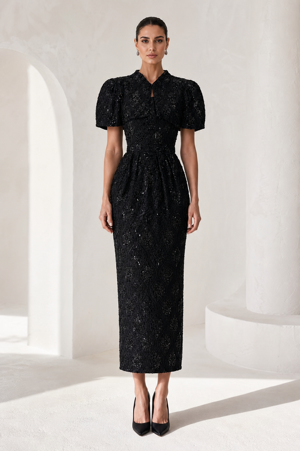 Black Sequin Lace Column Dress