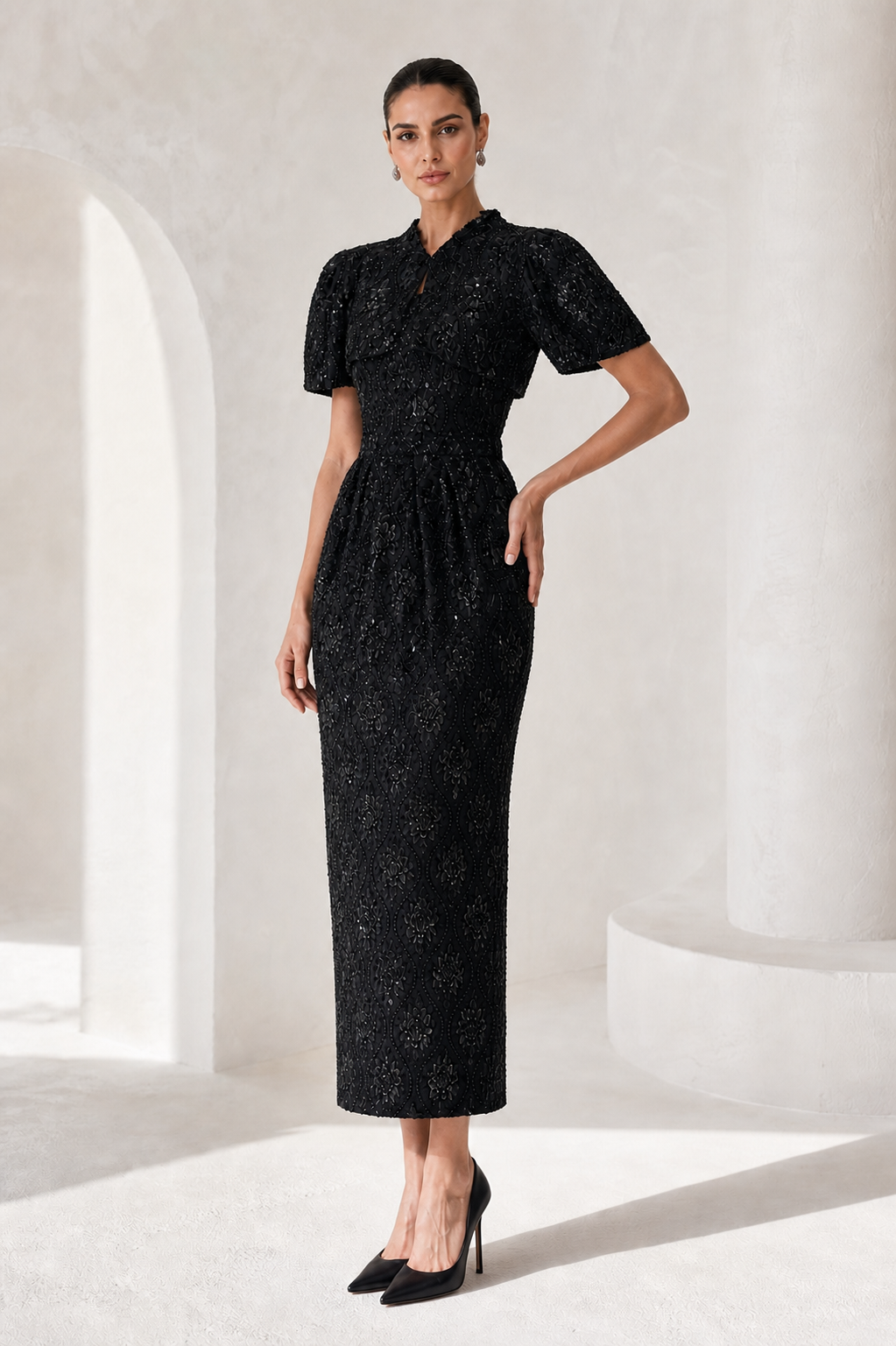 Black Sequin Lace Column Dress