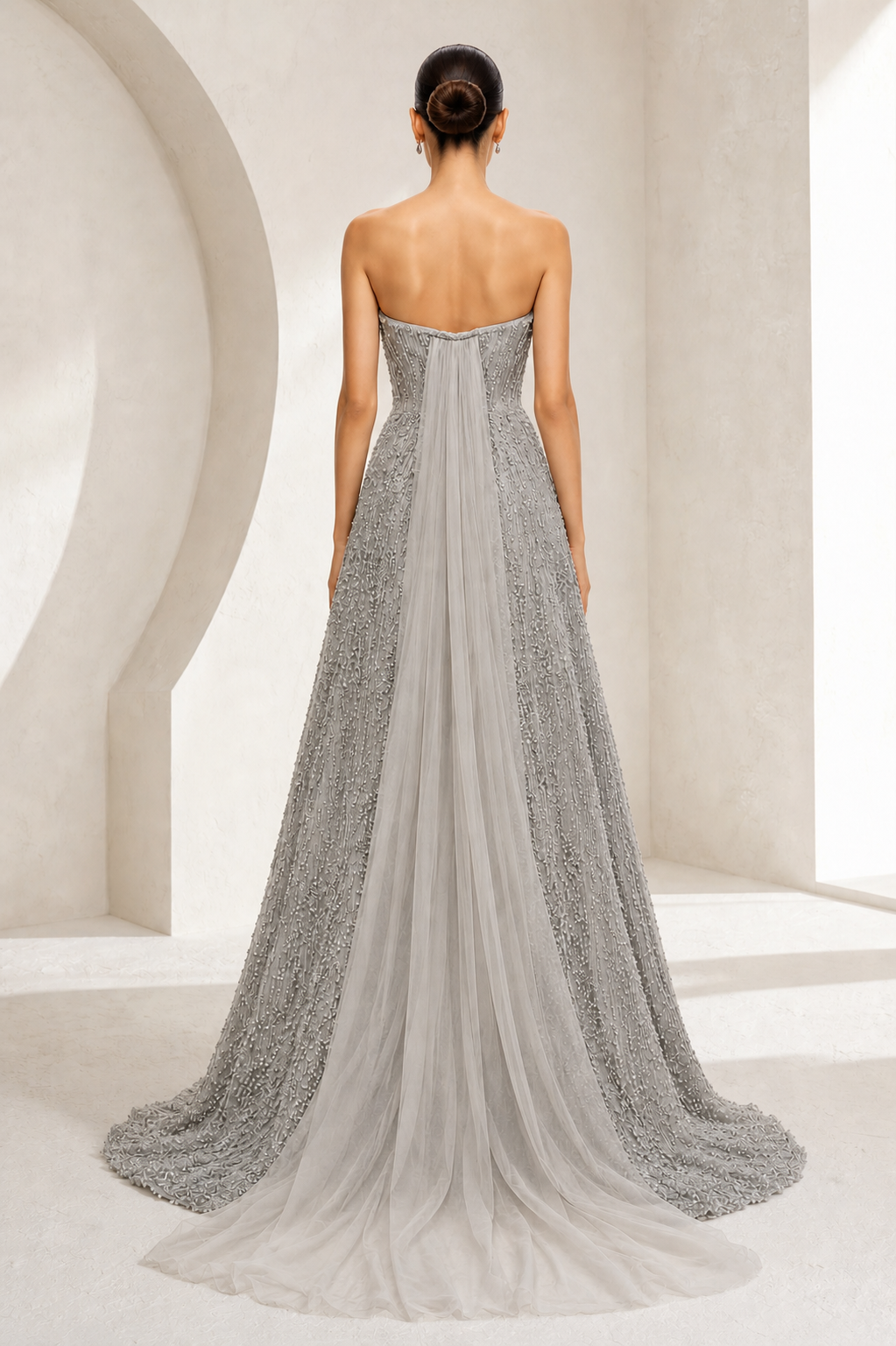 Silver Beaded A-Line Tulle Gown