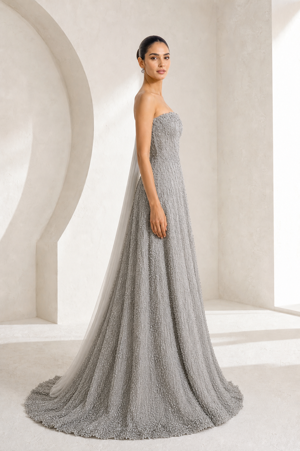 Silver Beaded A-Line Tulle Gown