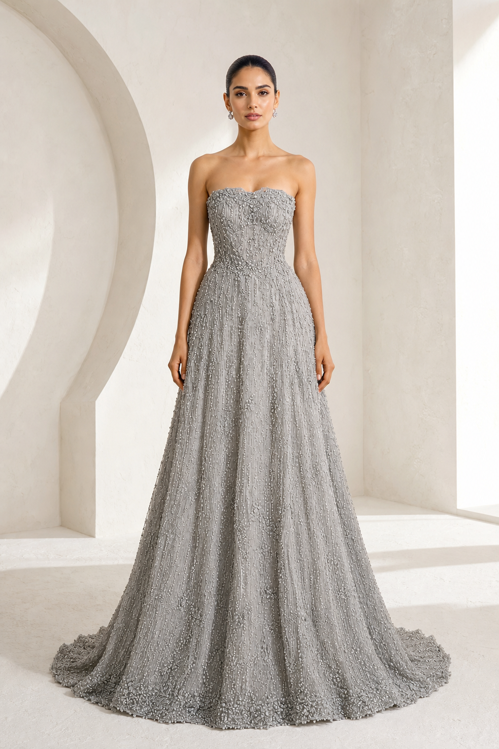 Silver Beaded A-Line Tulle Gown