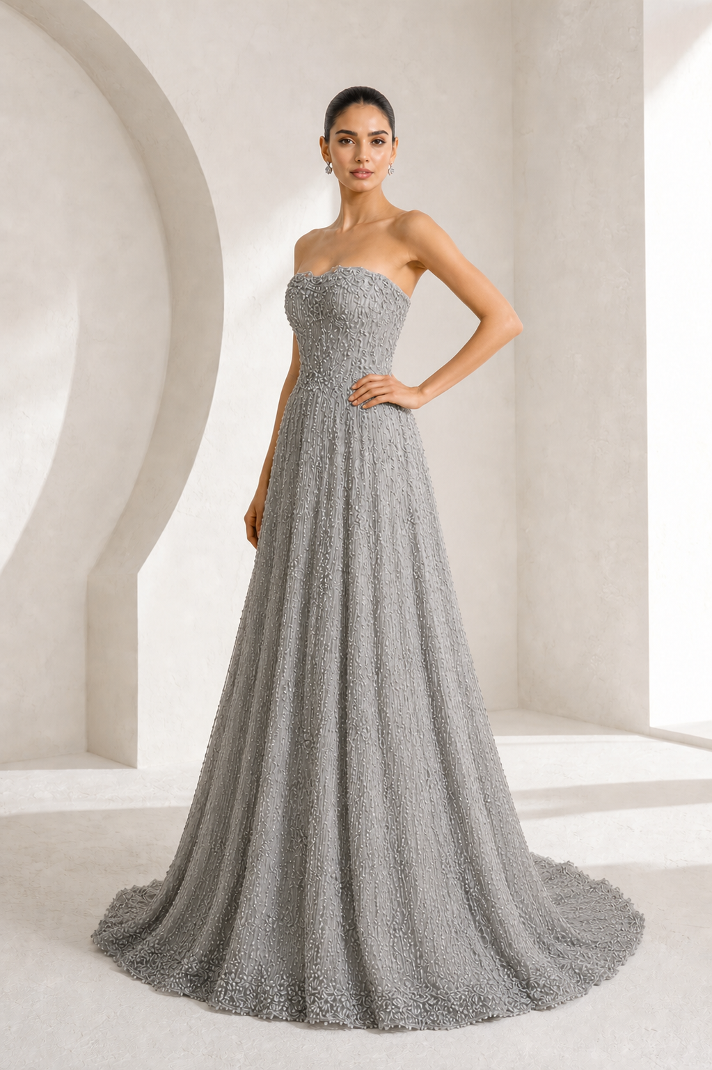 Silver Beaded A-Line Tulle Gown