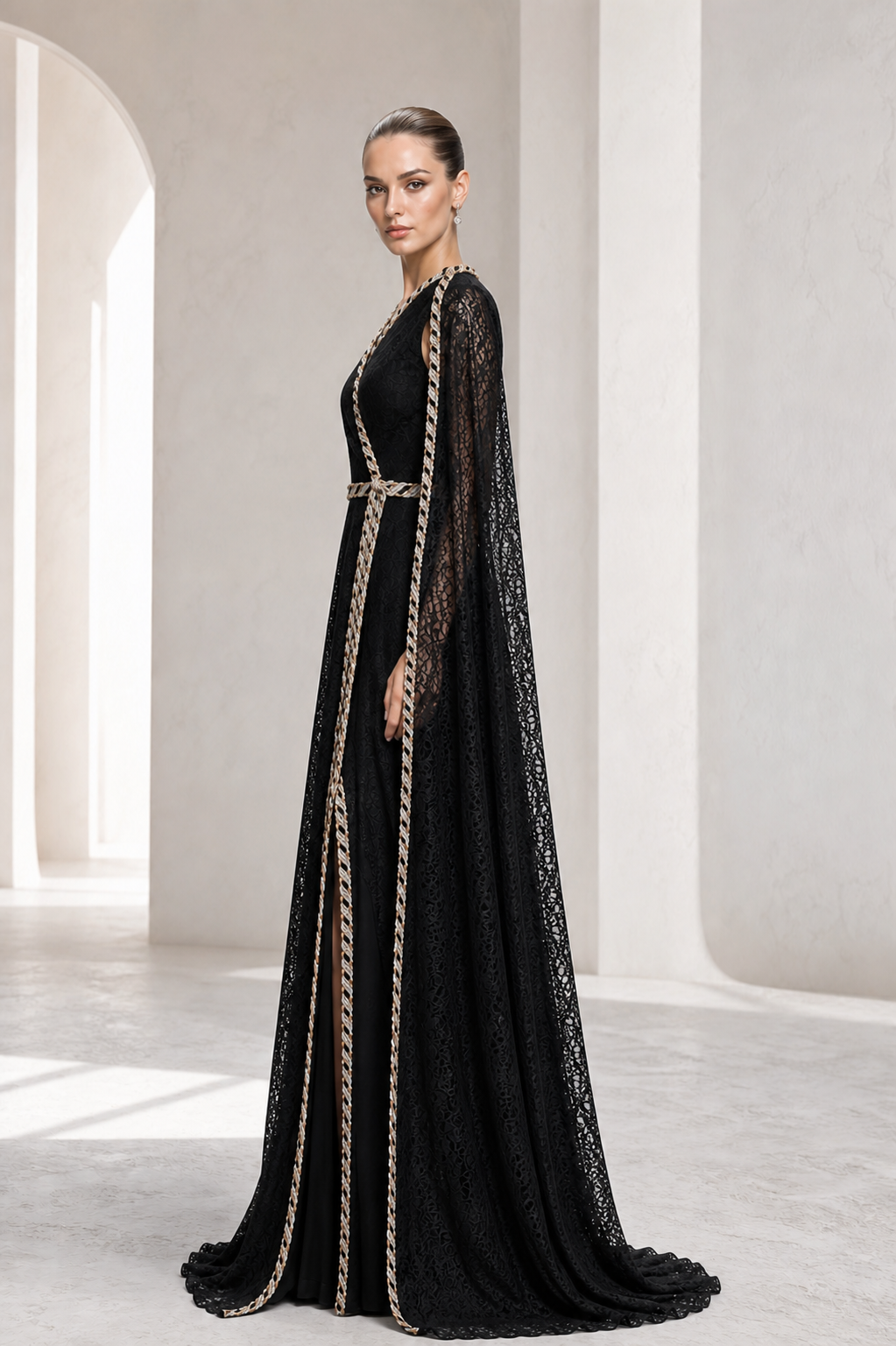 Black Lace Gold-Trim Cape Gown