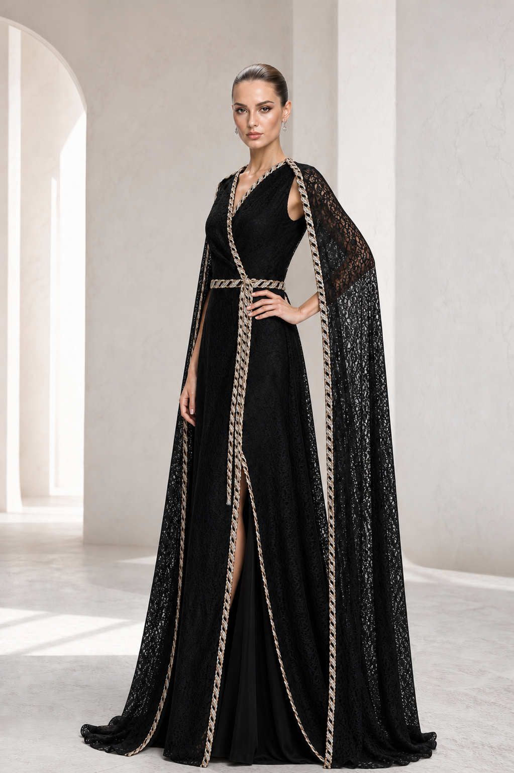 Black Lace Gold-Trim Cape Gown
