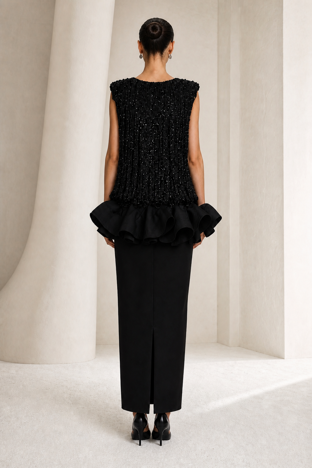 Black Sequin Ruffle Peplum Gown