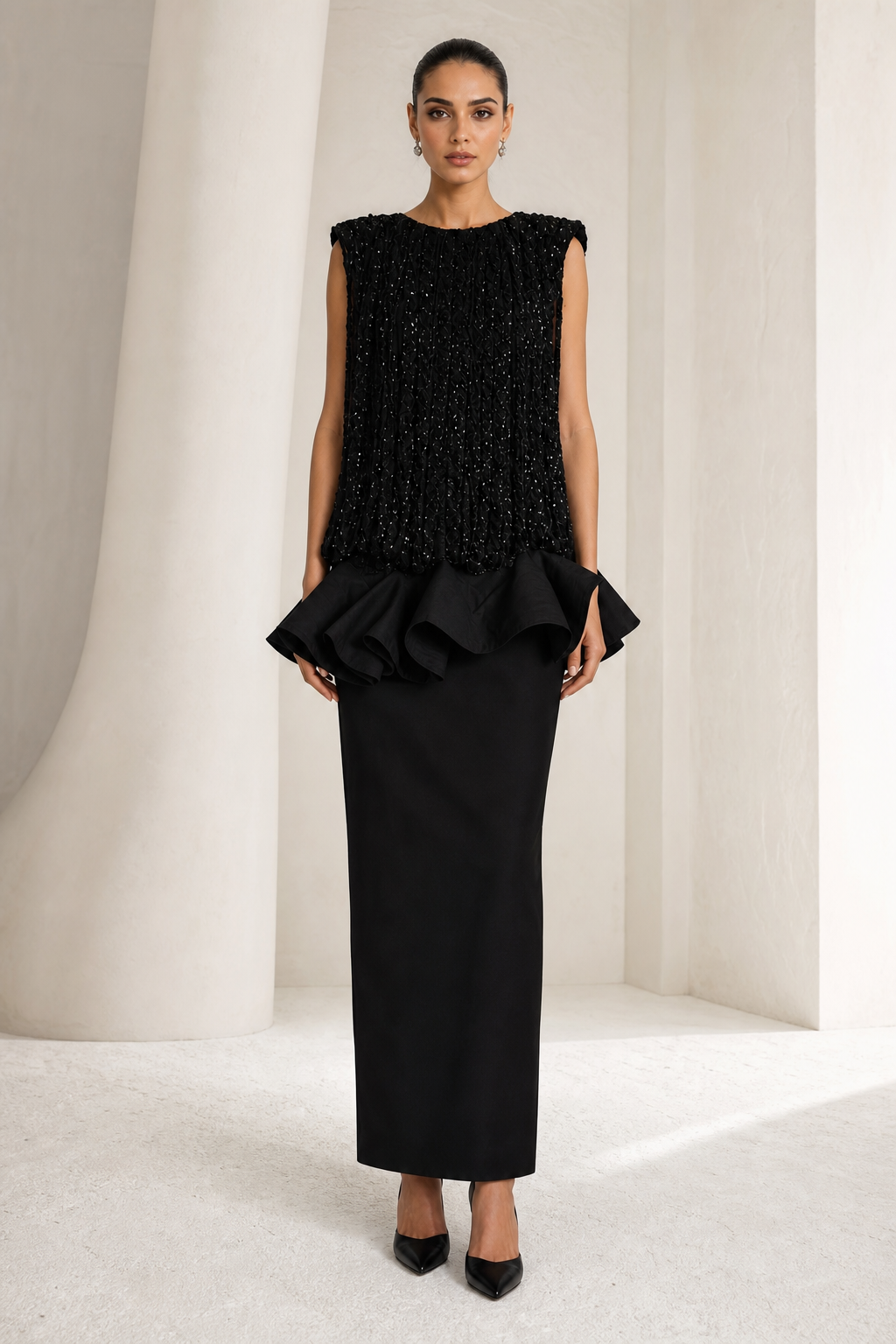 Black Sequin Ruffle Peplum Gown