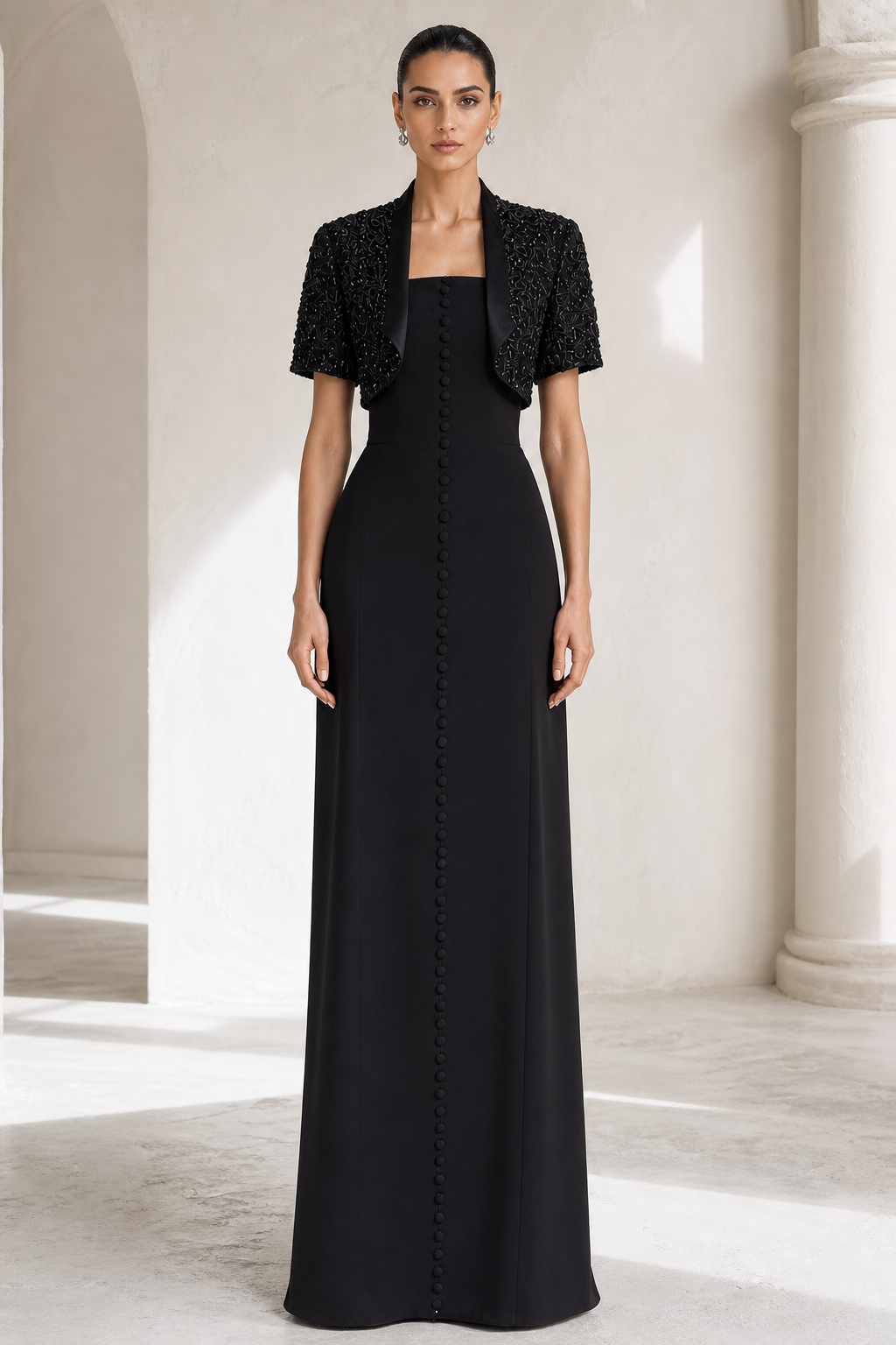 Black Crepe Bolero Button Gown