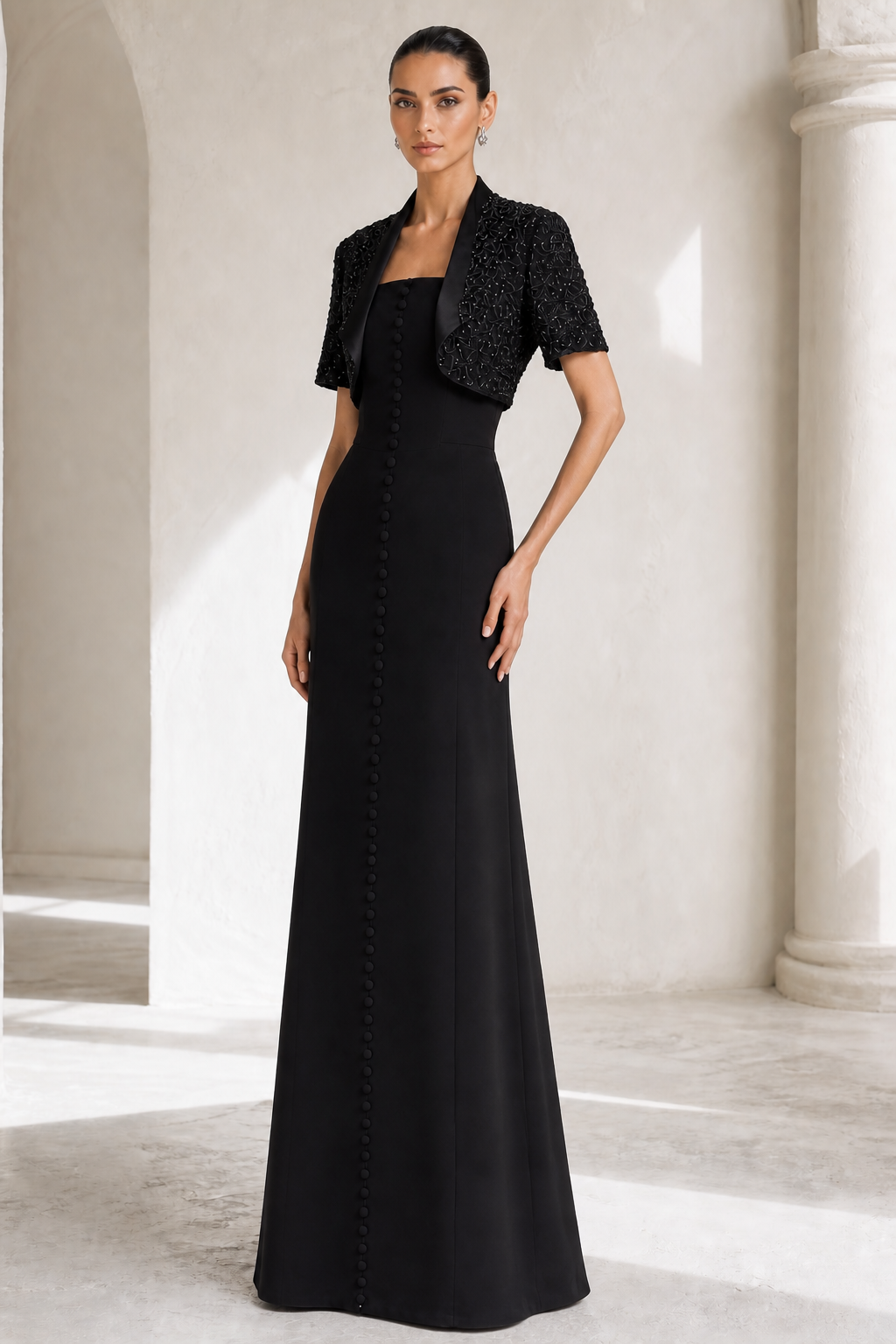 Black Crepe Bolero Button Gown