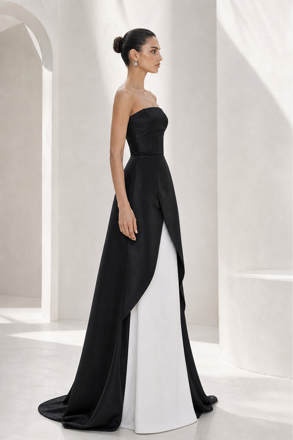 Black & Ivory Satin Overskirt Gown