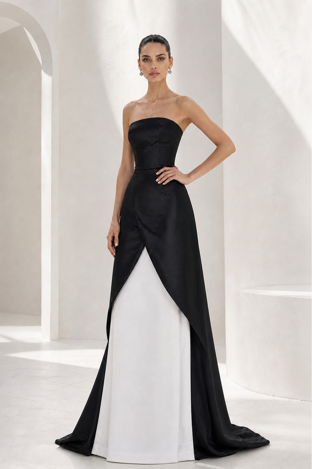 Black & Ivory Satin Overskirt Gown