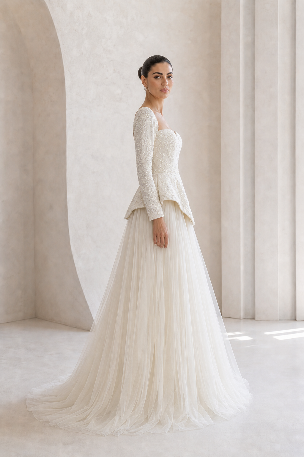 Ivory Beaded Peplum Tulle Ball Gown
