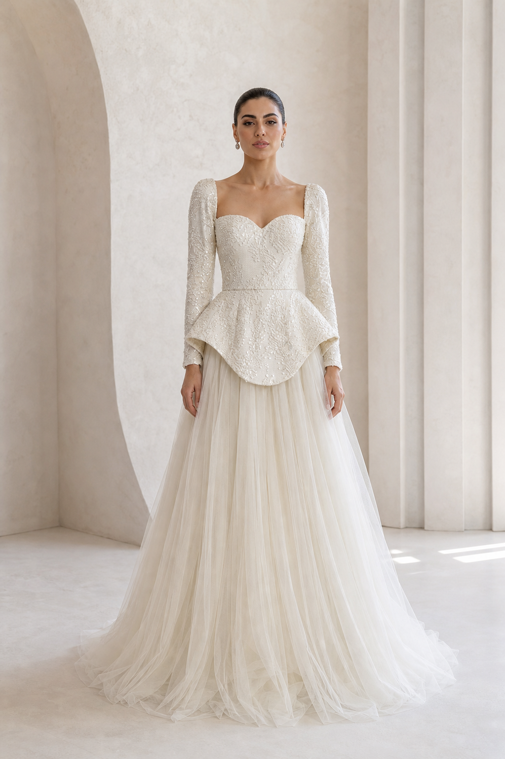 Ivory Beaded Peplum Tulle Ball Gown