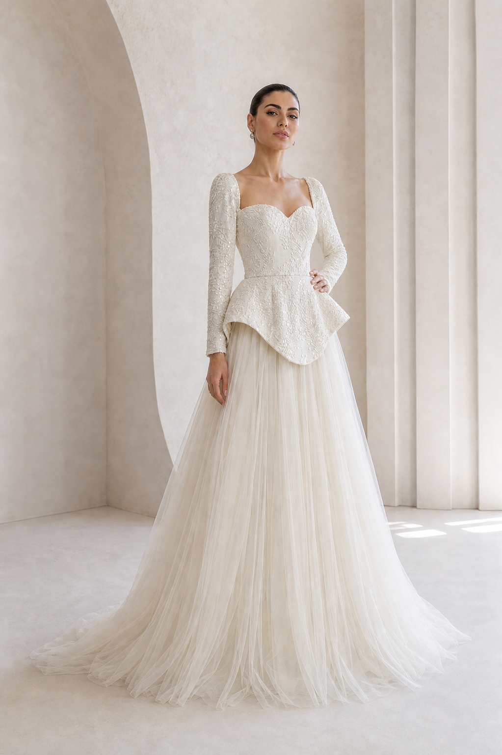 Ivory Beaded Peplum Tulle Ball Gown