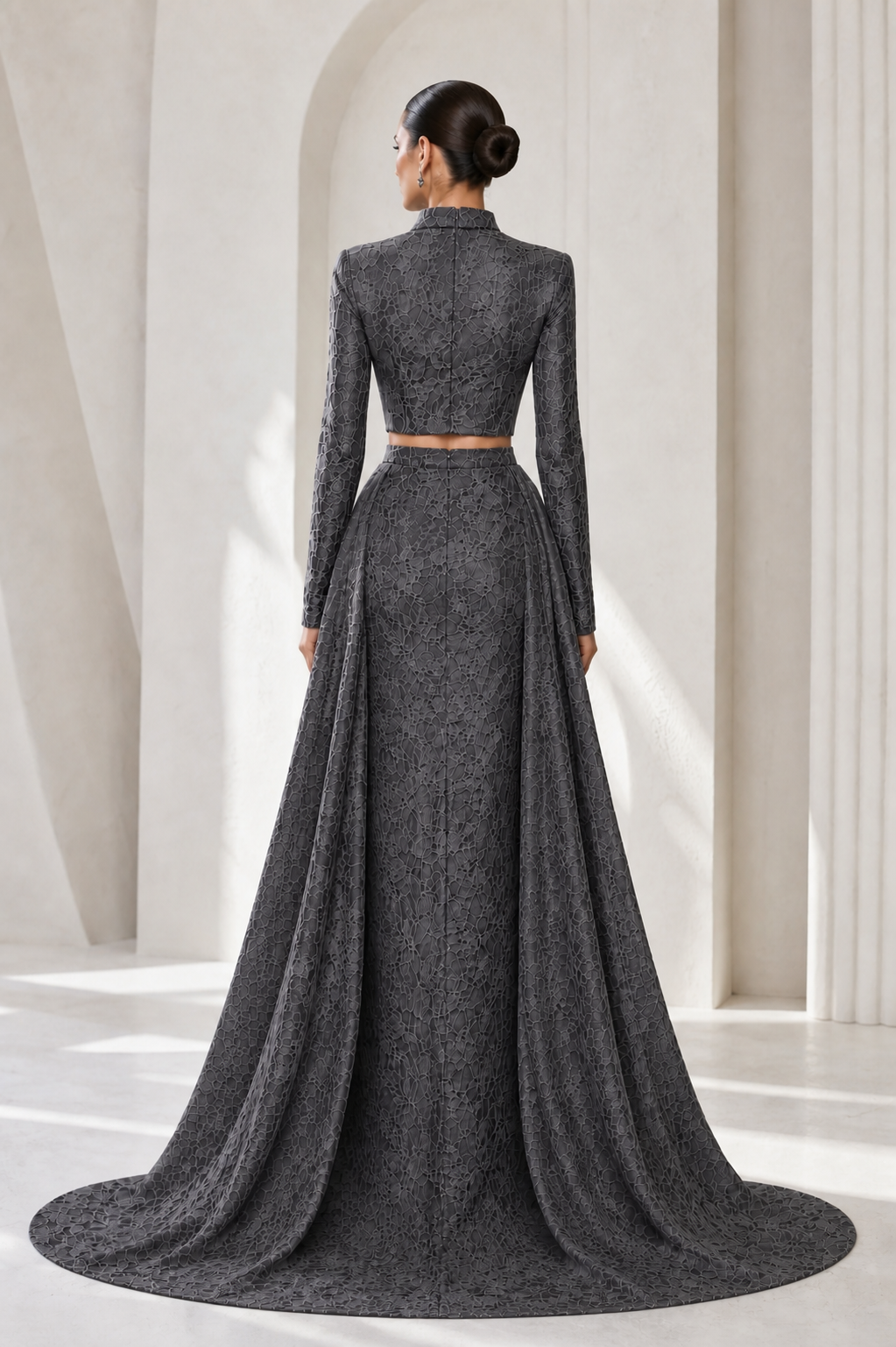 Charcoal Lace Two-Piece with Cape Train