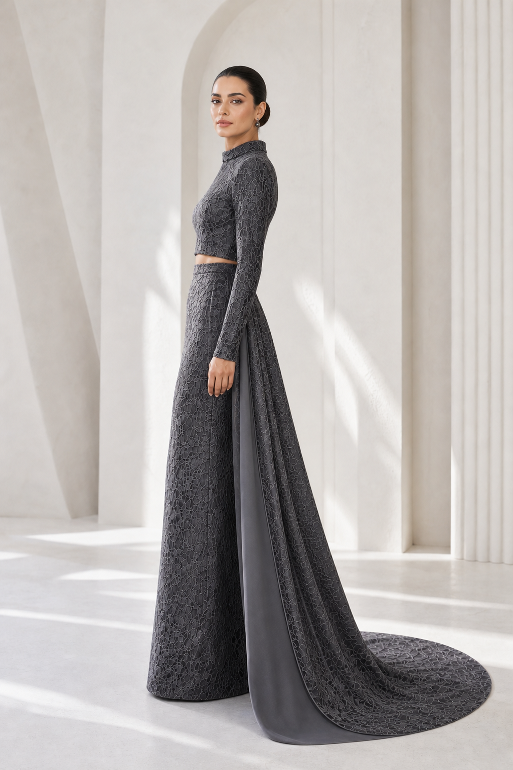 Charcoal Lace Two-Piece with Cape Train