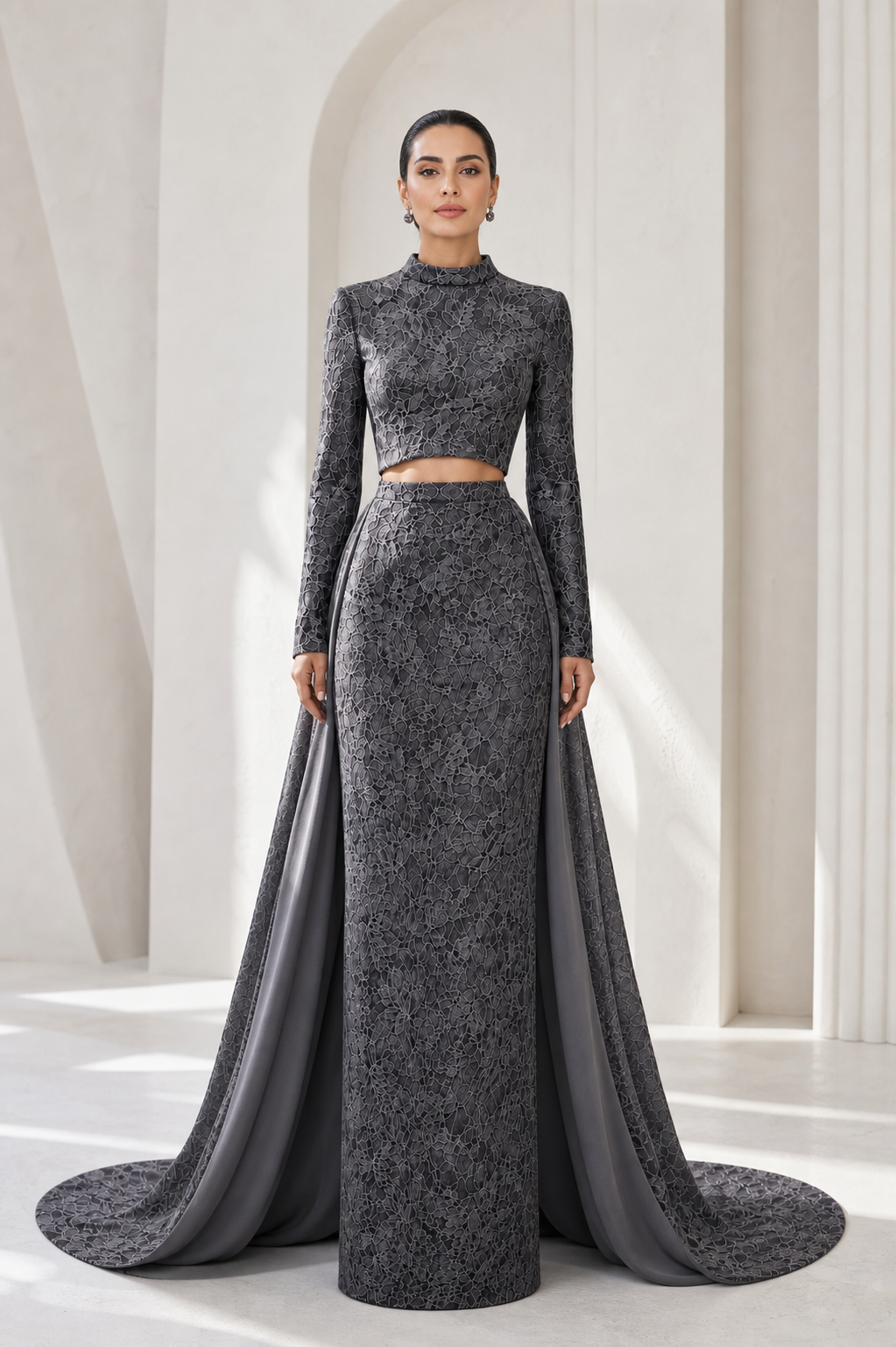 Charcoal Lace Two-Piece with Cape Train
