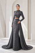 Charcoal Lace Two-Piece with Cape Train