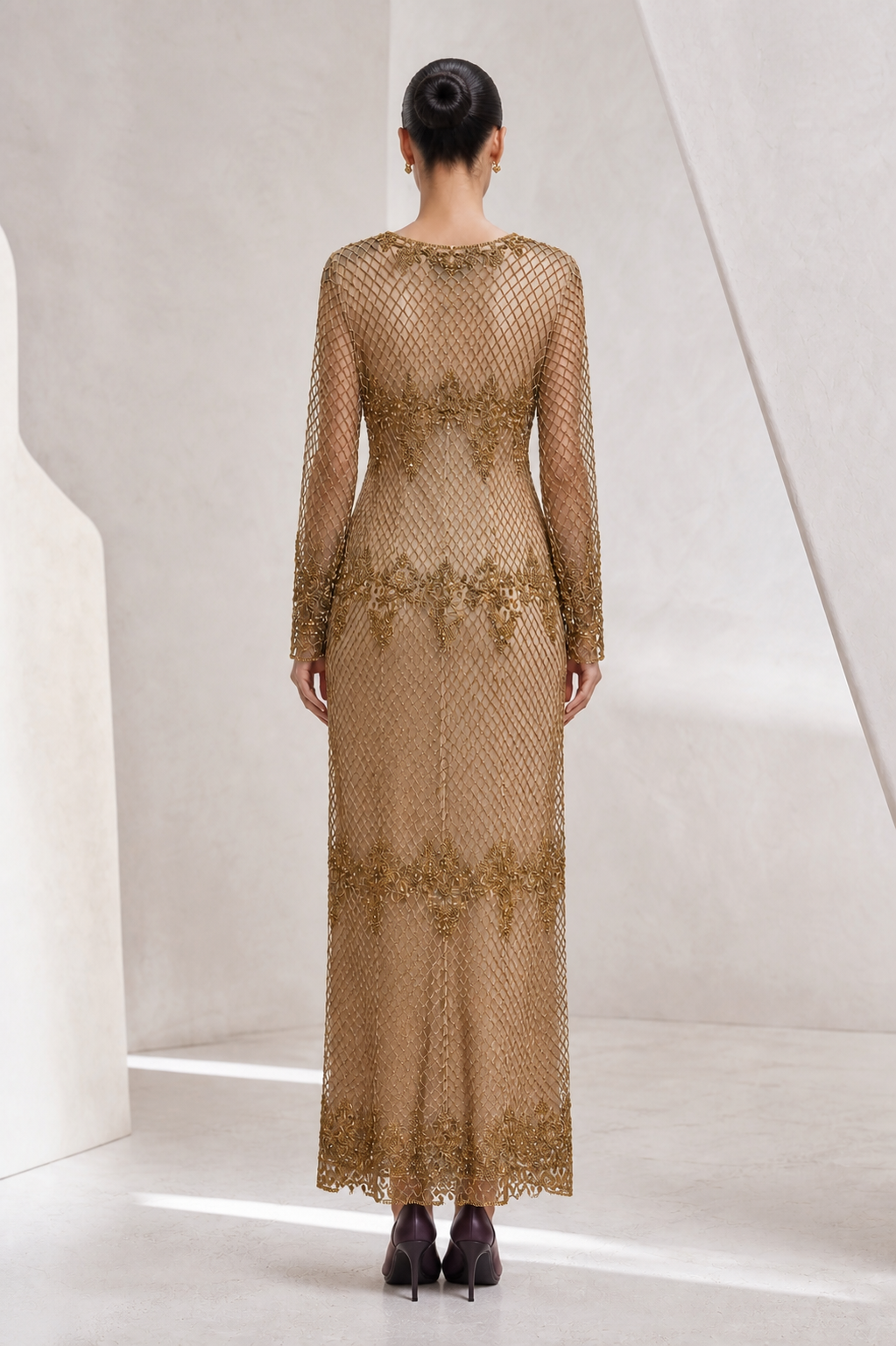 Gold Lattice Beaded Sheer Gown