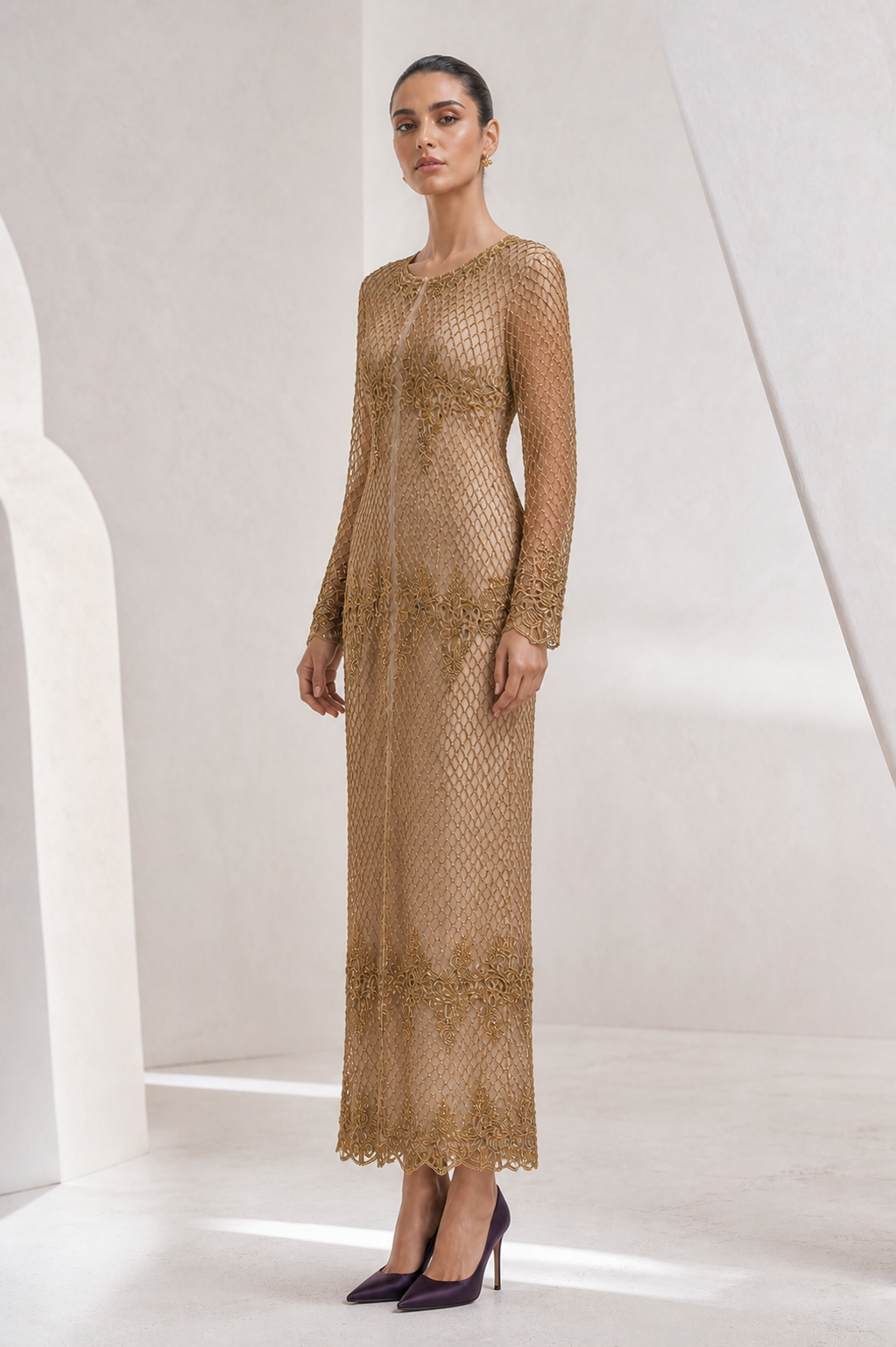Gold Lattice Beaded Sheer Gown