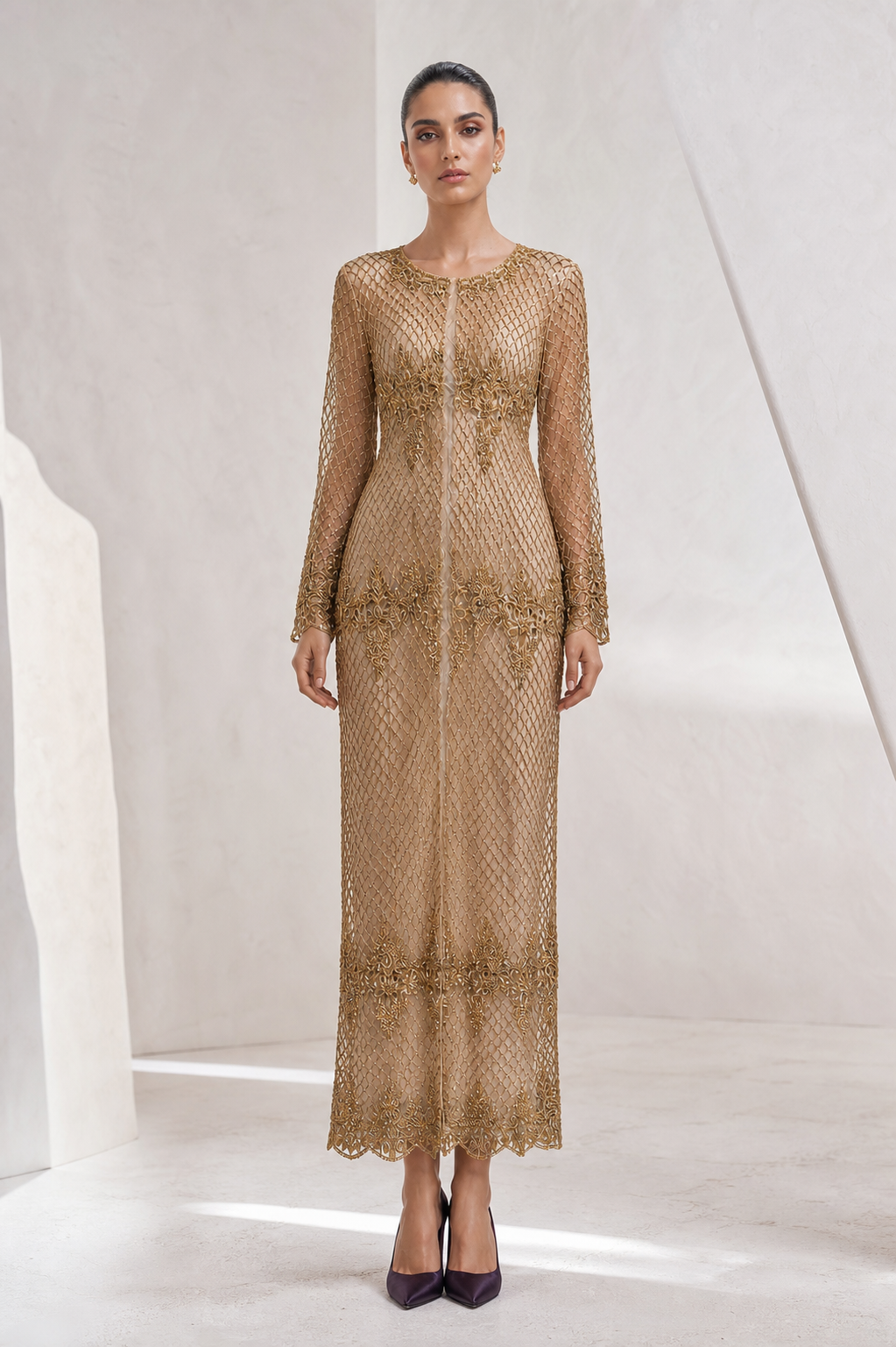 Gold Lattice Beaded Sheer Gown