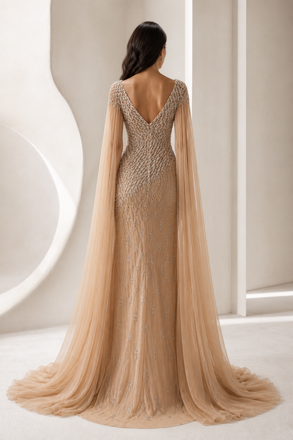 Champagne Beaded Cape-Sleeve Gown