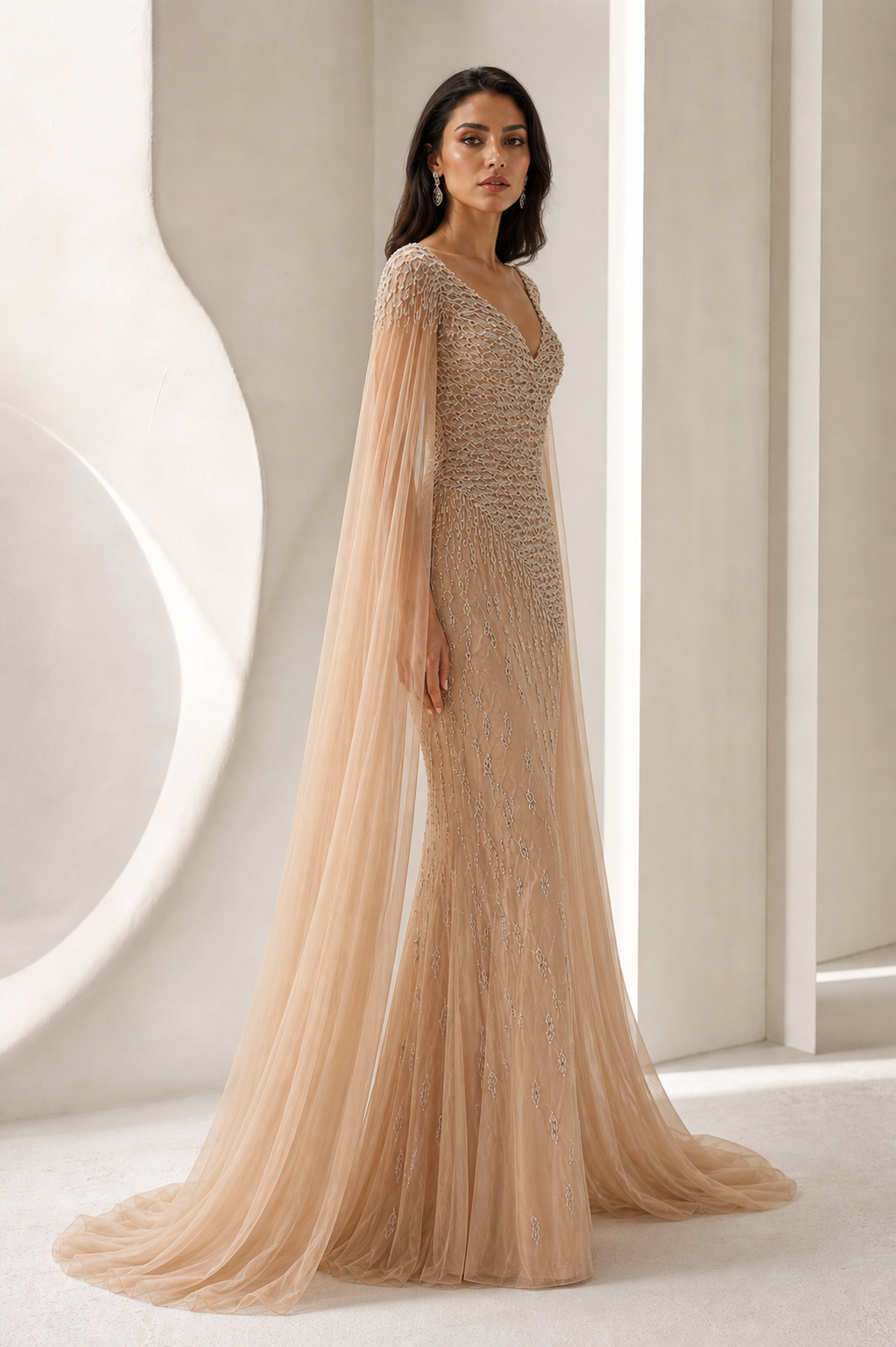 Champagne Beaded Cape-Sleeve Gown